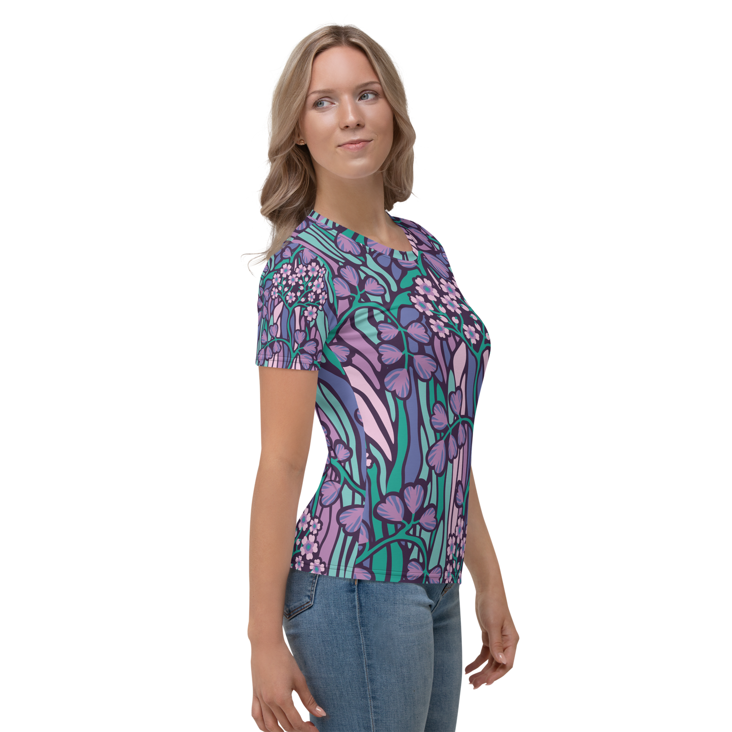 Crew neck t-shirt with lavender, violet, emerald floral pattern and pink accents.
