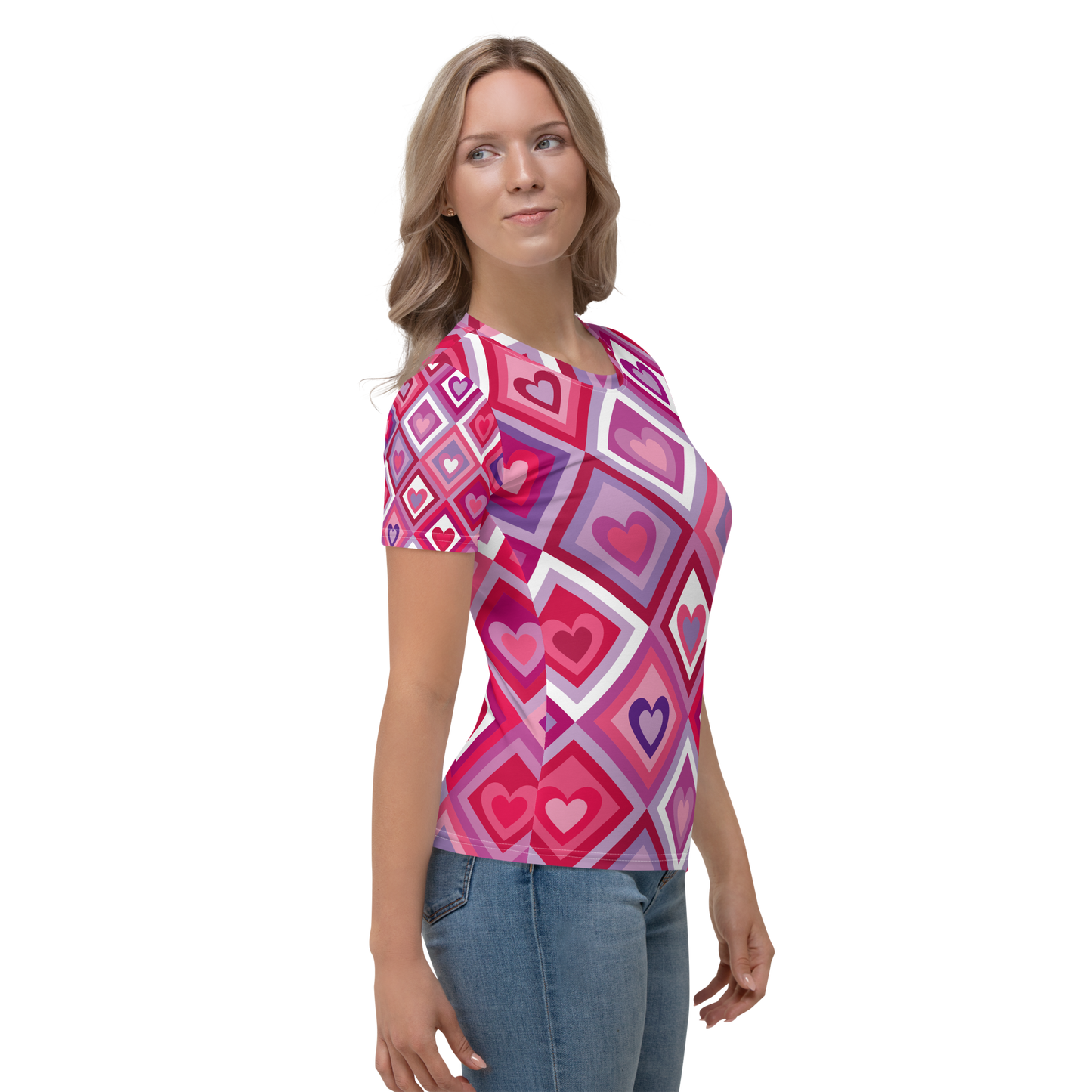 Pink crew neck t-shirt featuring geometric diamond patterns with stacked colorful hearts.