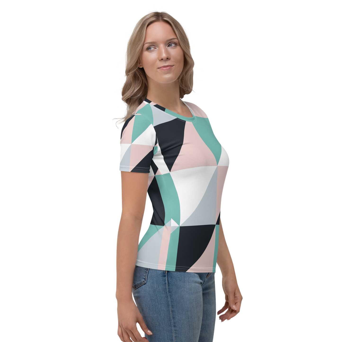 Geometric crew neck t-shirt in mint, pink, black, and white pattern.