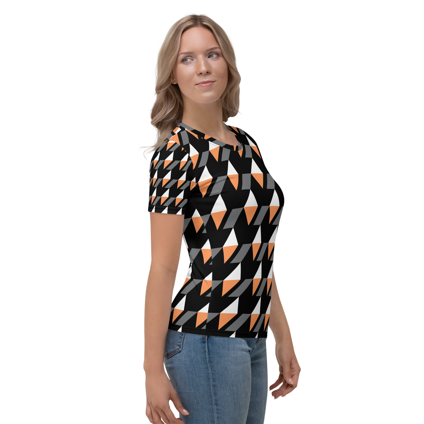 Crew neck T-shirt with black, white, orange, and gray geometric pattern.