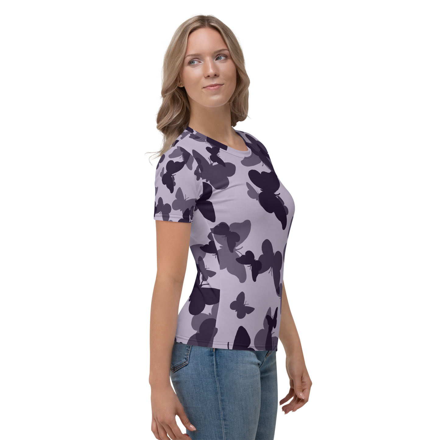 Lavender crew neck t-shirt with dark purple butterfly silhouette pattern.