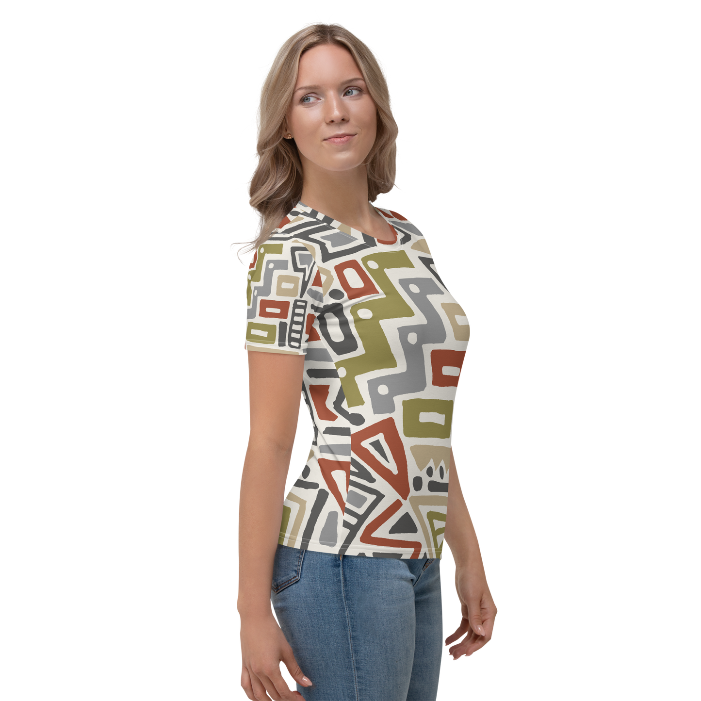 Geometric print crew neck t-shirt with olive green, brown, and gray patterns.