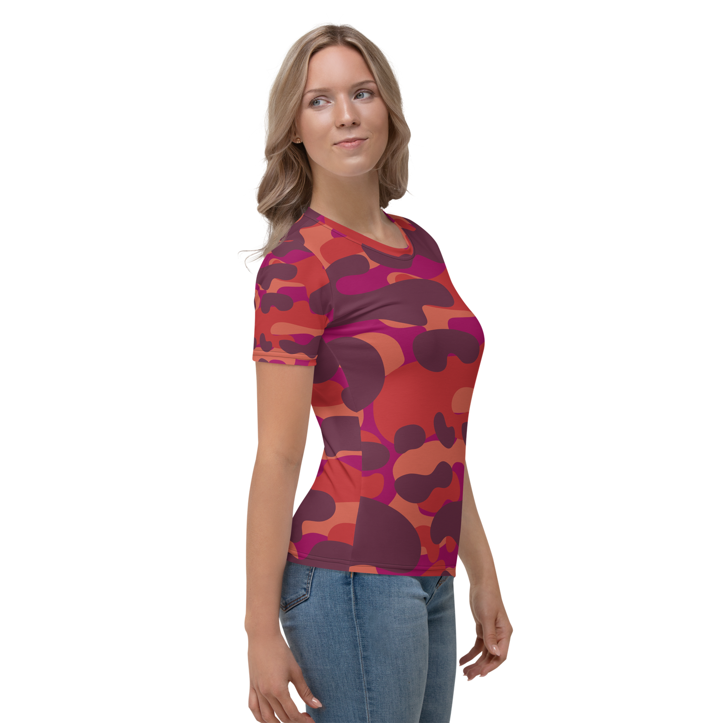 Crew neck t-shirt with deep red and purple abstract camouflage pattern.