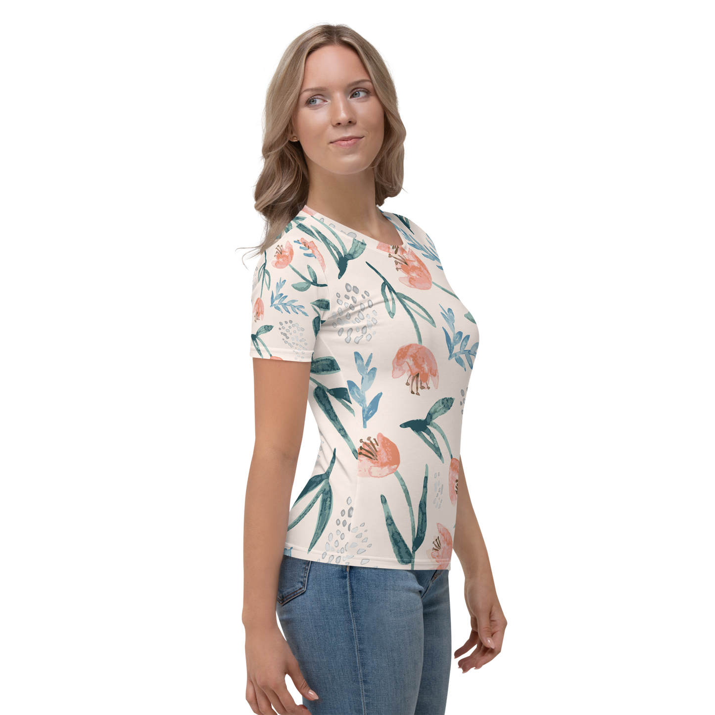 Light crew neck T-shirt with green foliage and coral floral print.