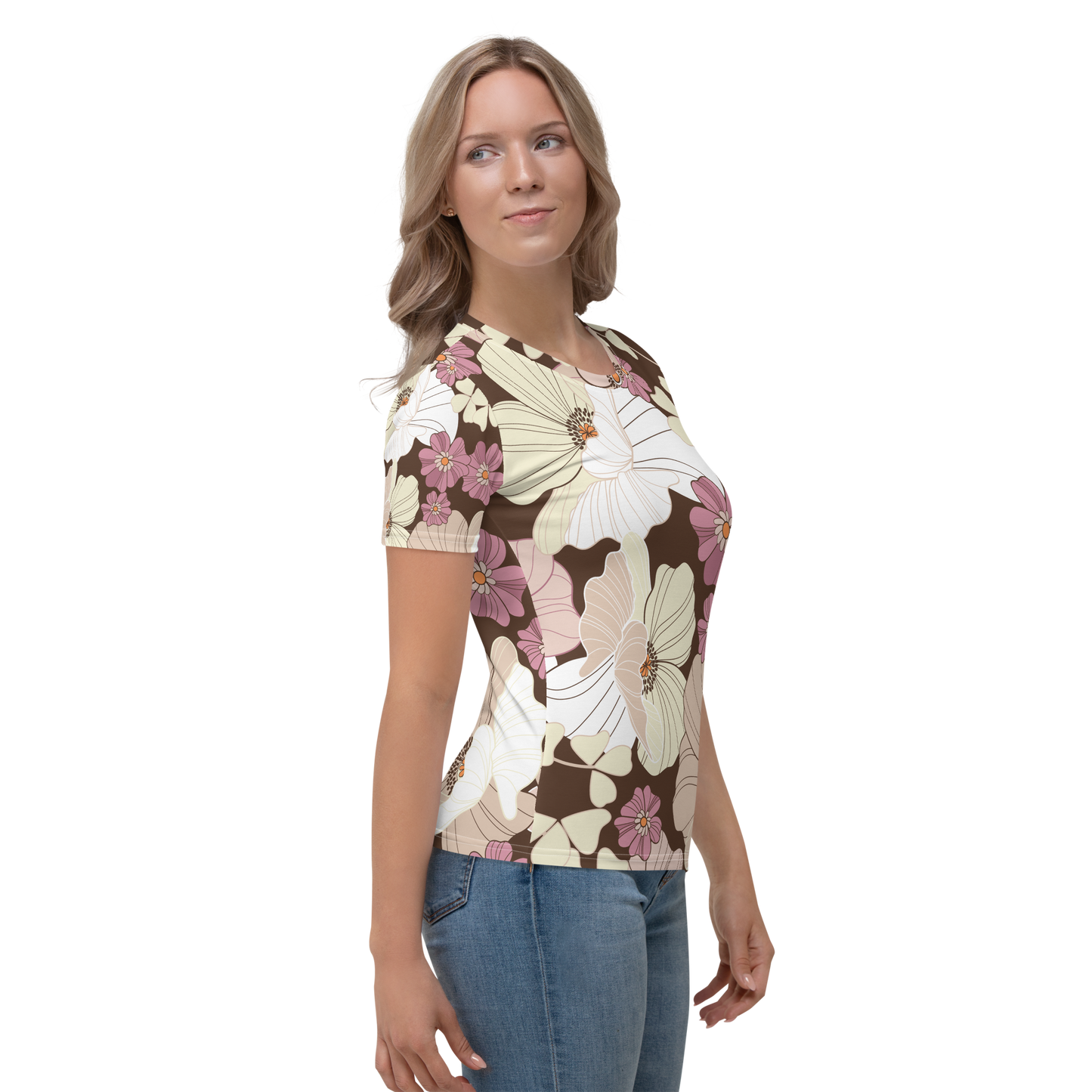 Crew neck T-shirt with large cream pink and beige floral print.