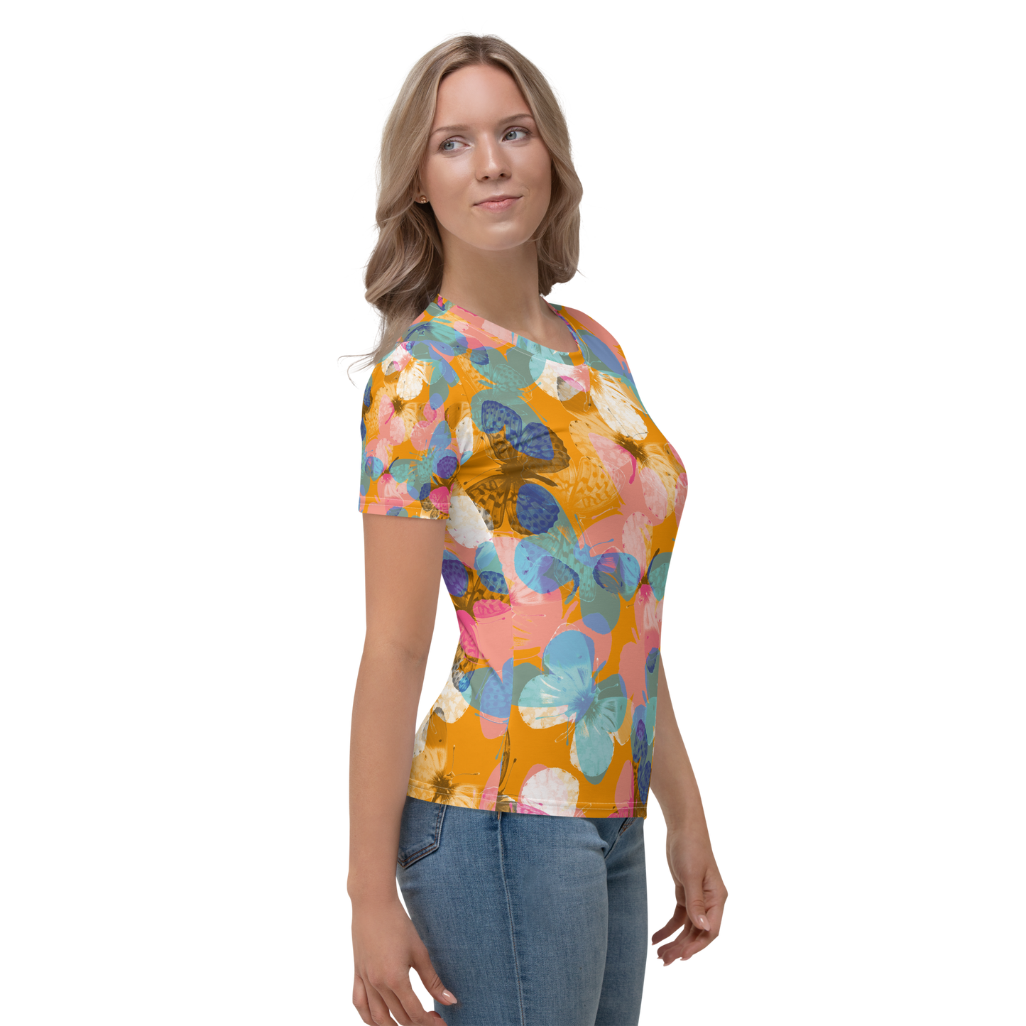 Crew neck T-shirt with overlapping bright blue pink and white floral print.