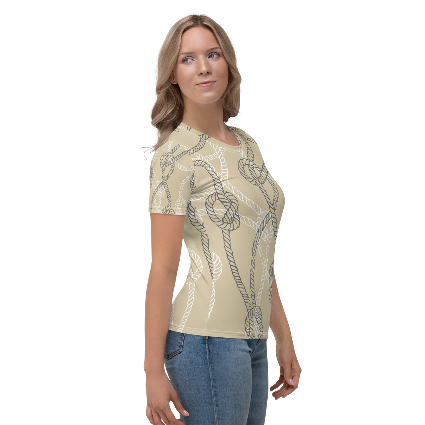 Cream crew neck T-shirt with nautical rope and knot pattern.