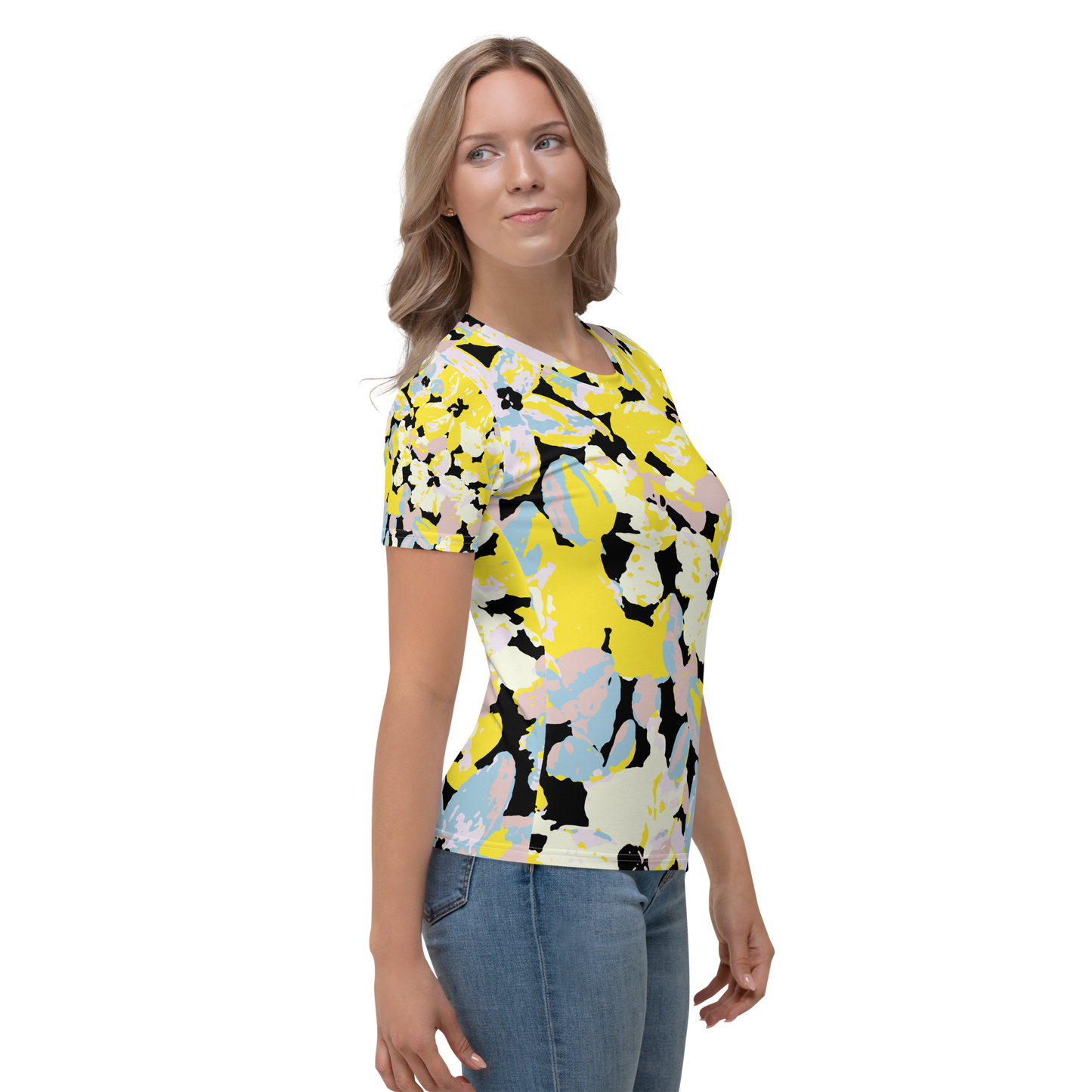 Crew neck T-shirt with yellow, pink, and blue floral abstract print.
