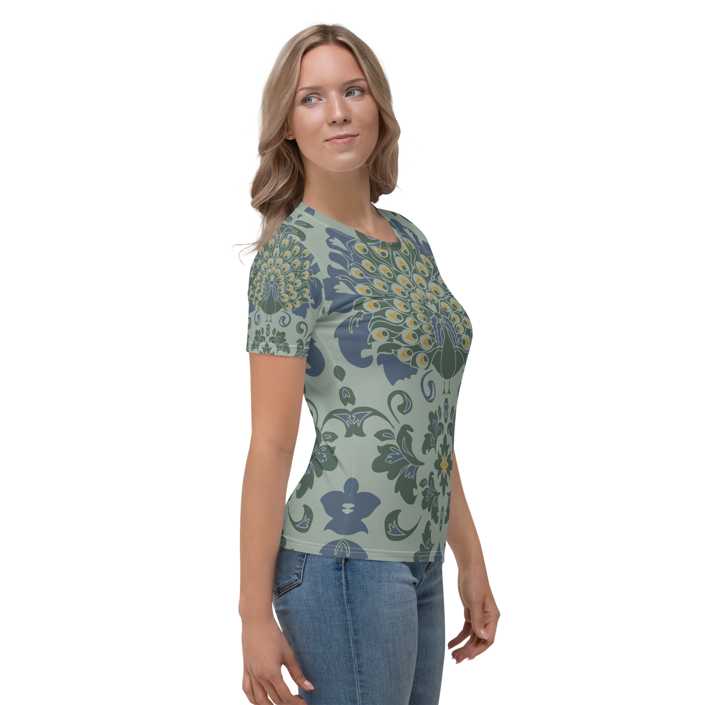 Crew neck t-shirt with artistic peacock feather print on sage background.