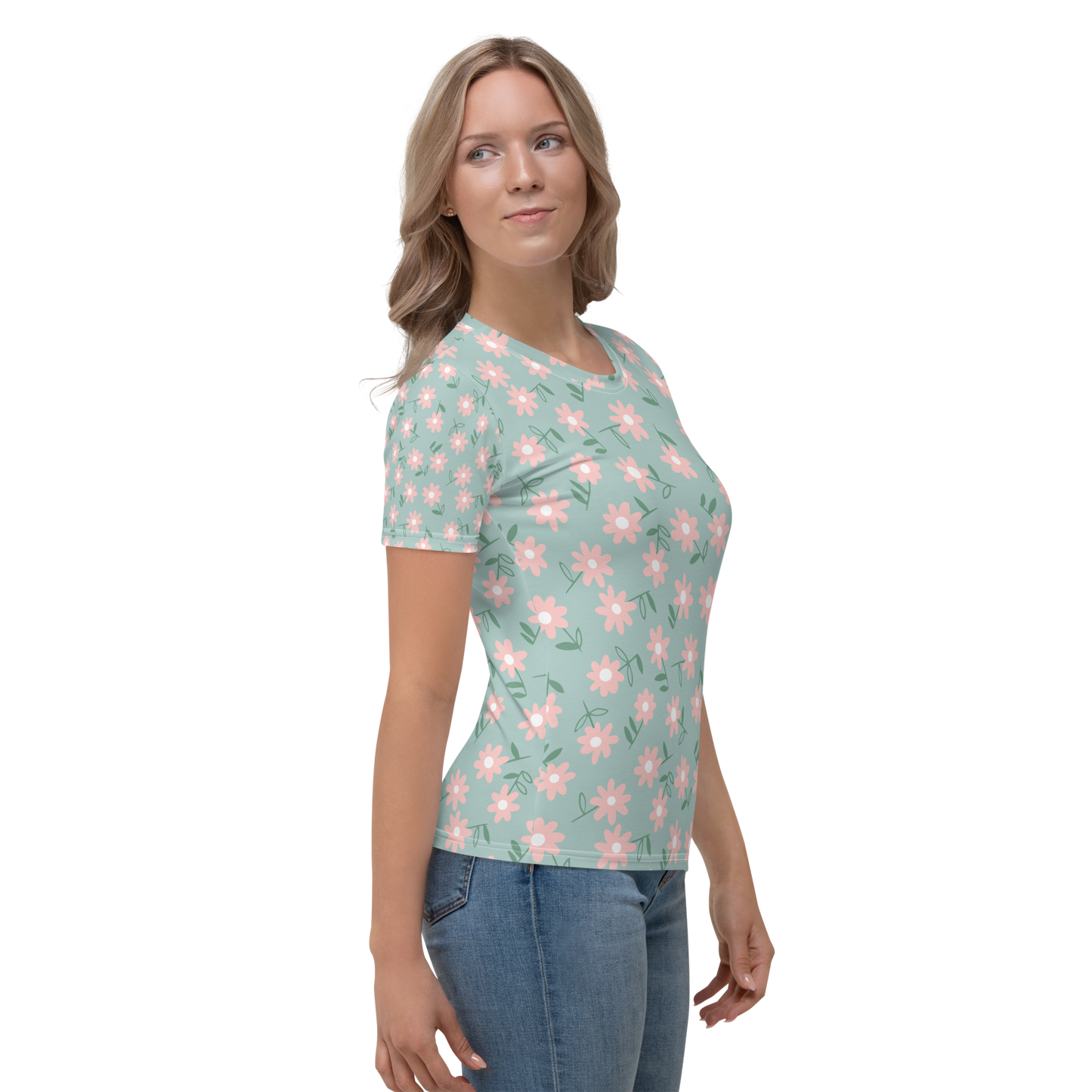 Pink daisy print crew neck T-shirt on a pastel green background.