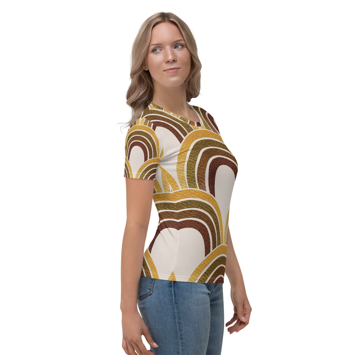 Crew neck t-shirt with golden yellow and brown retro curved arch pattern.