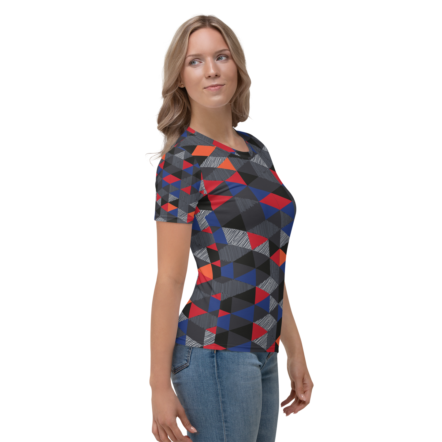 Crew neck t-shirt with angular black, red, blue, and gray triangle pattern.