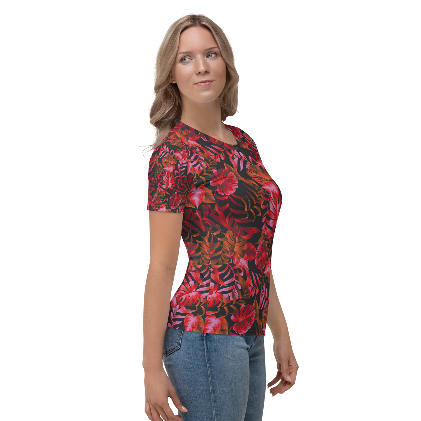 Crew neck t-shirt with red and pink tropical leaf print on black background.