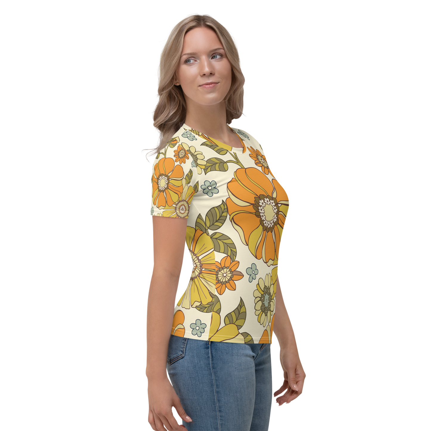 Crew neck t-shirt with oversized orange and yellow floral print on cream.