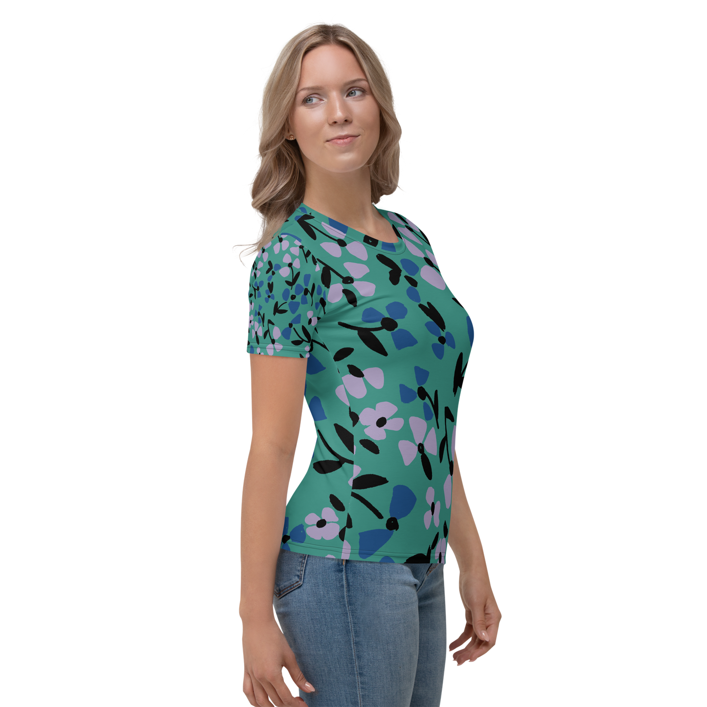 Teal crew neck t-shirt with blue, lavender, and black floral pattern.