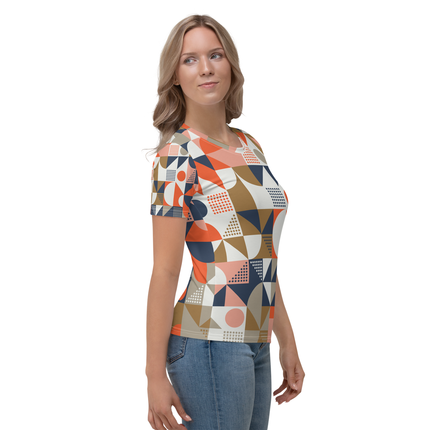 Crew neck t-shirt with tan, navy, and coral geometric shapes pattern.