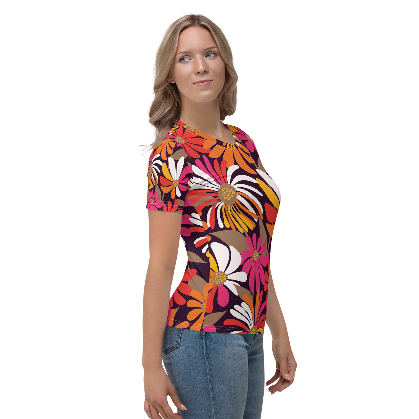 Short sleeve crew neck t-shirt with oversized orange pink red white floral print.