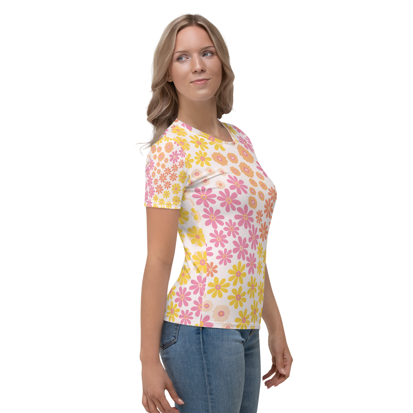 Crew neck t-shirt with yellow and pink daisy floral pattern throughout.