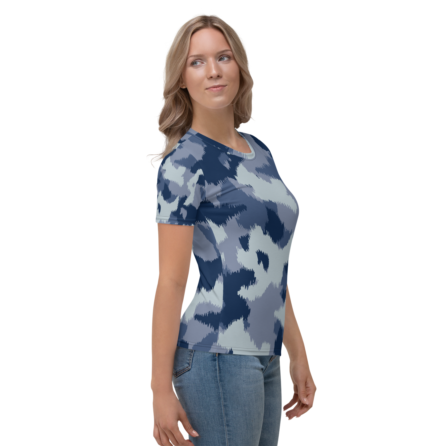Crew neck T-shirt with abstract navy blue and gray brush stroke pattern.