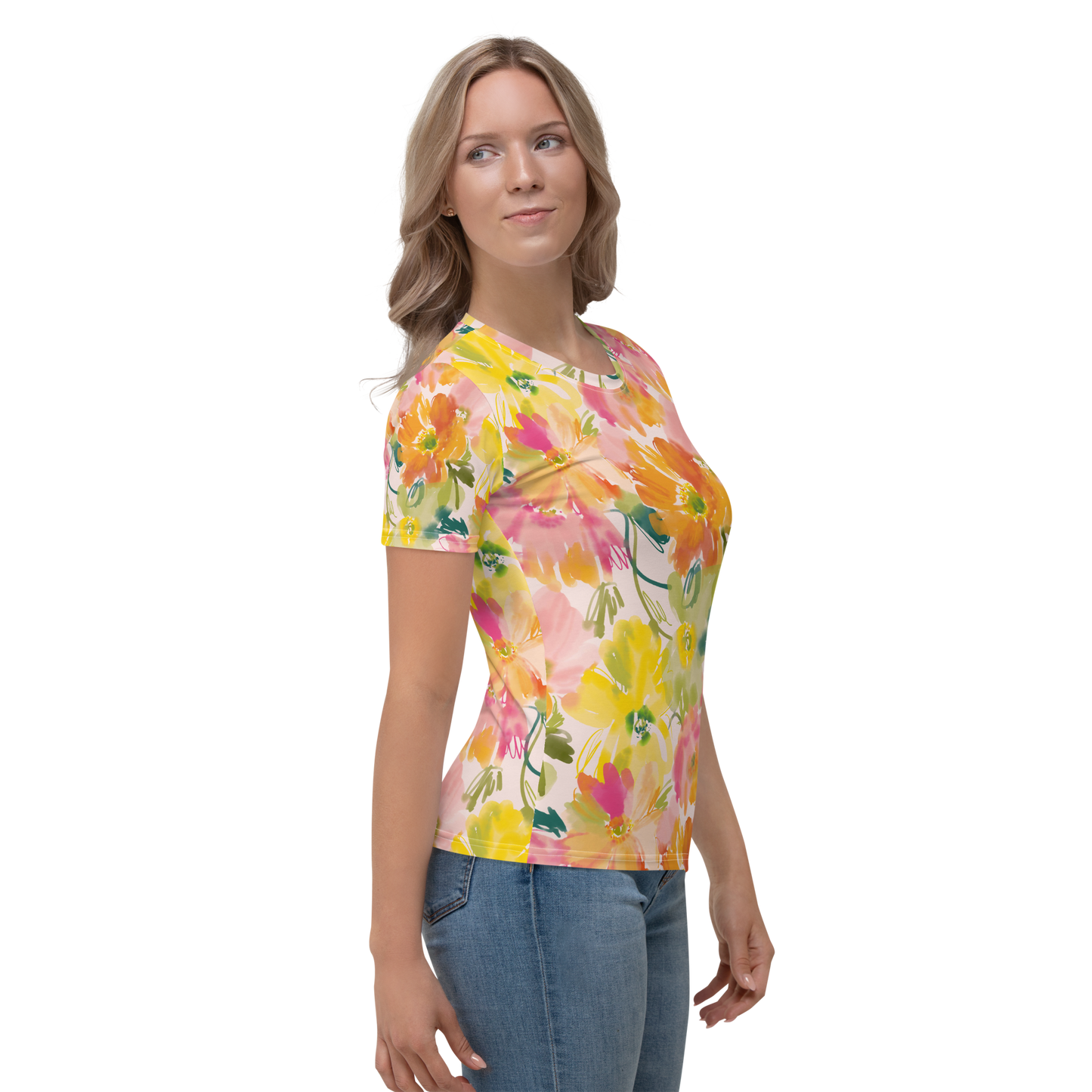 Crew neck t-shirt with yellow, pink, and green floral brush-stroke print.