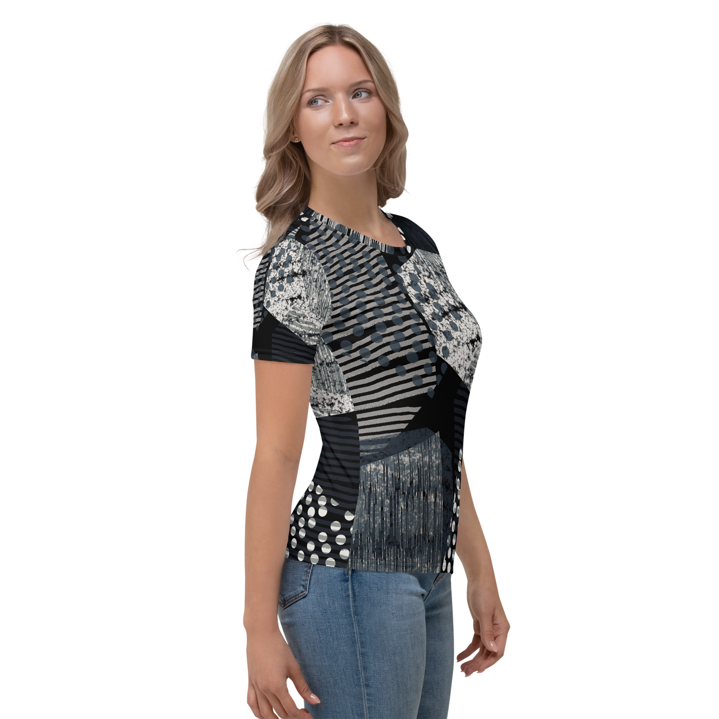 Monochrome crew neck tee with eclectic stripes dots and abstract patterns.