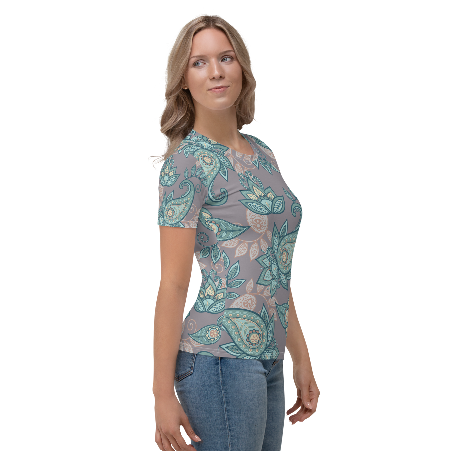 Turquoise and cream floral crew neck t-shirt on soft gray background.
