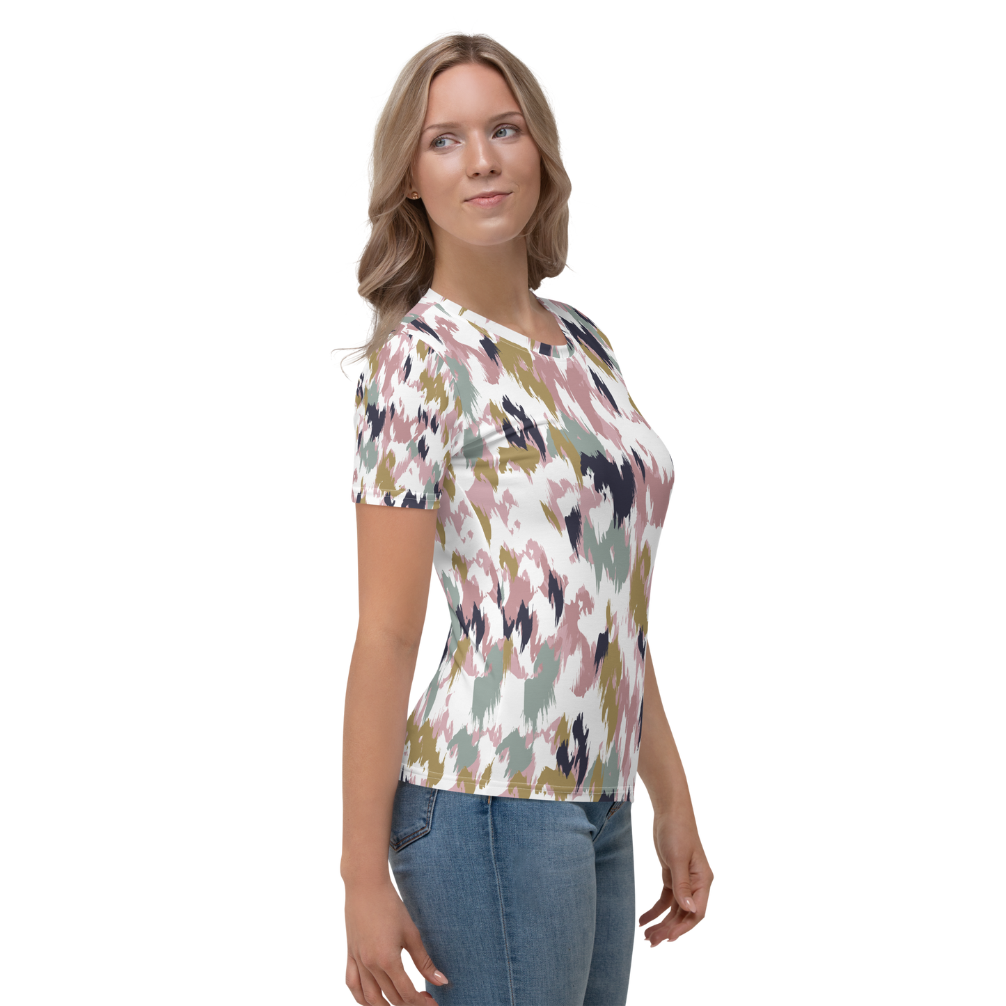 Crew neck t-shirt with abstract brush stroke print in soft green and neutrals.