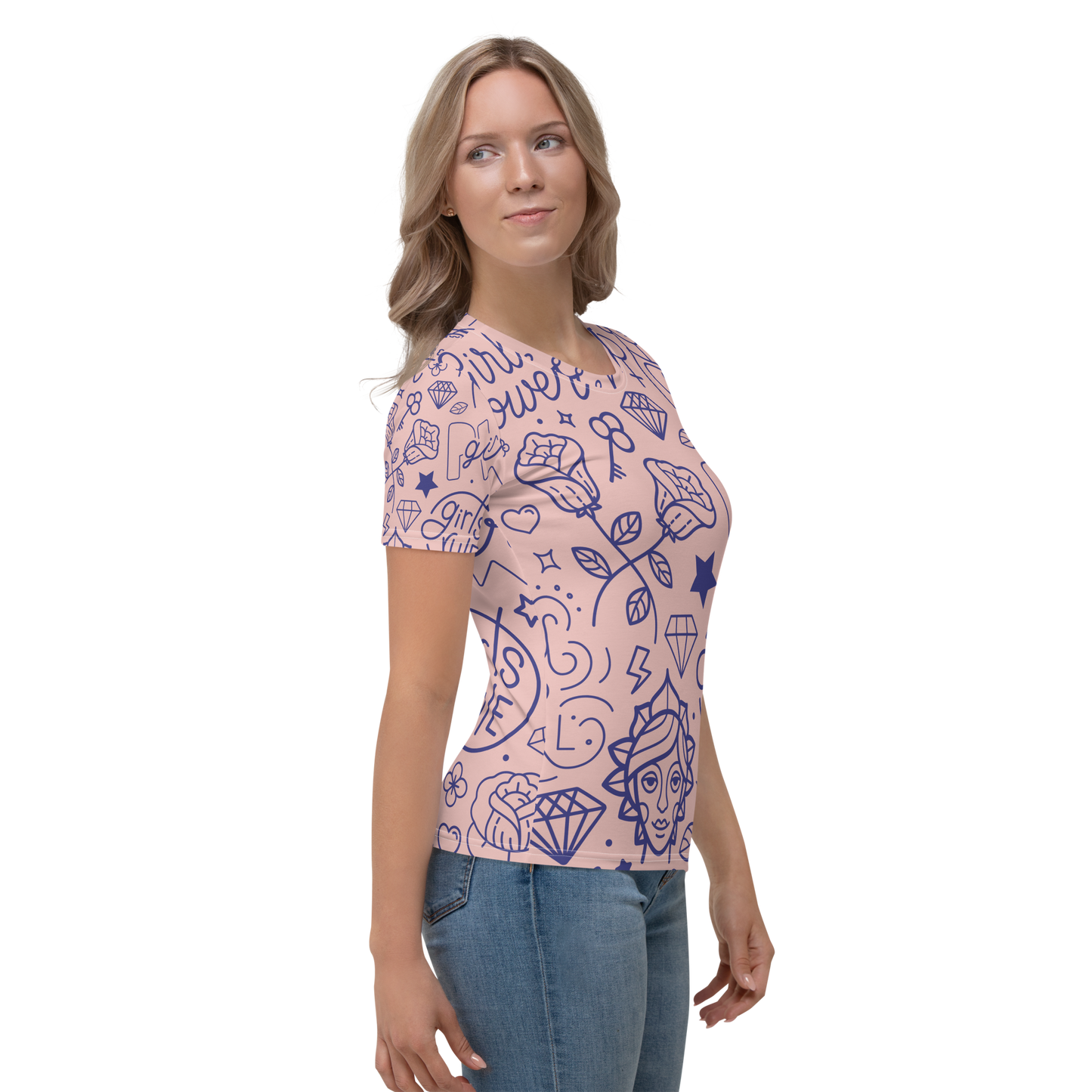 Blush crew neck t-shirt with whimsical navy blue sketch print illustrations.