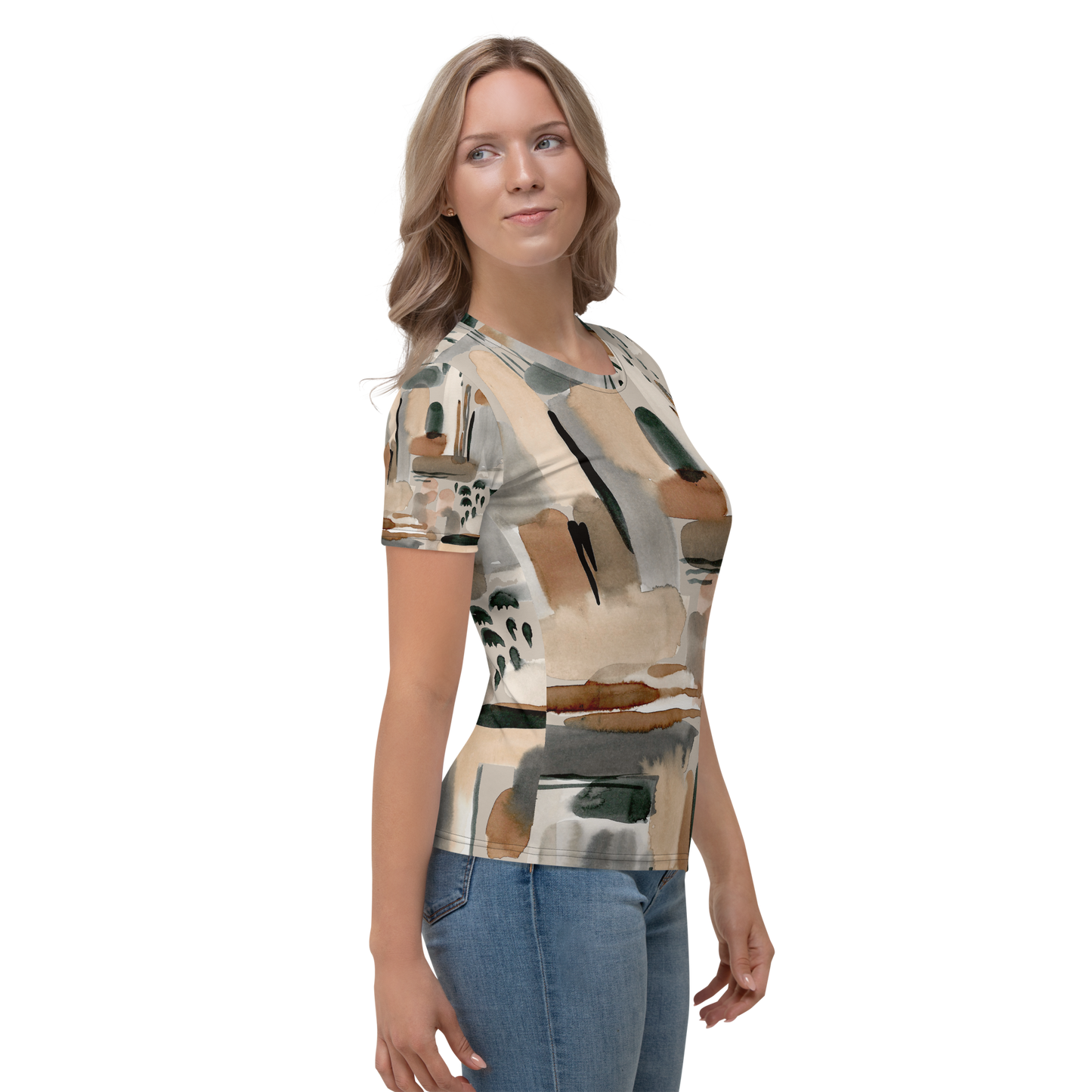 Women's crew neck t-shirt with earthy abstract green and brown watercolor pattern.