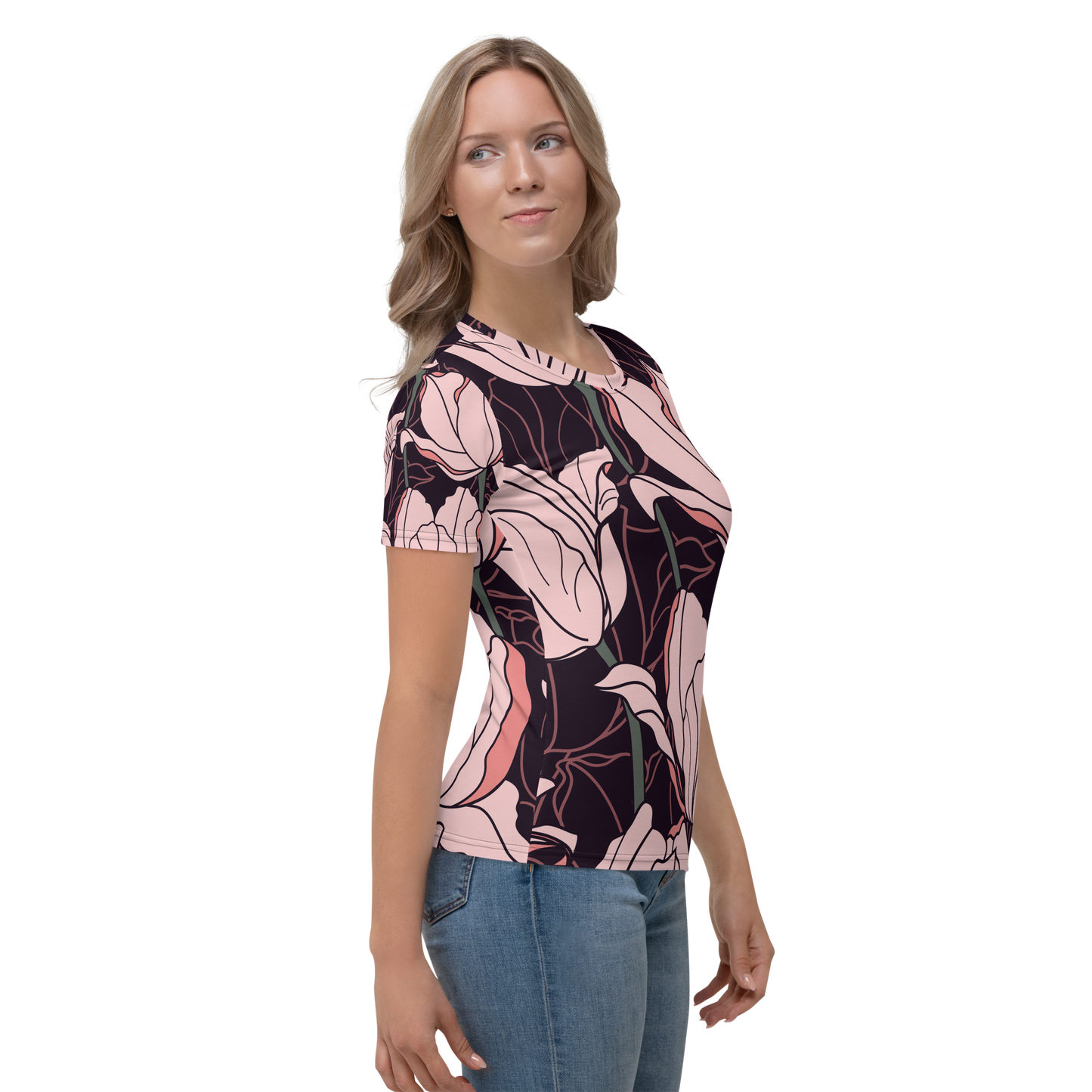 Soft blush floral crew neck tee with oversized magnolia petal print.