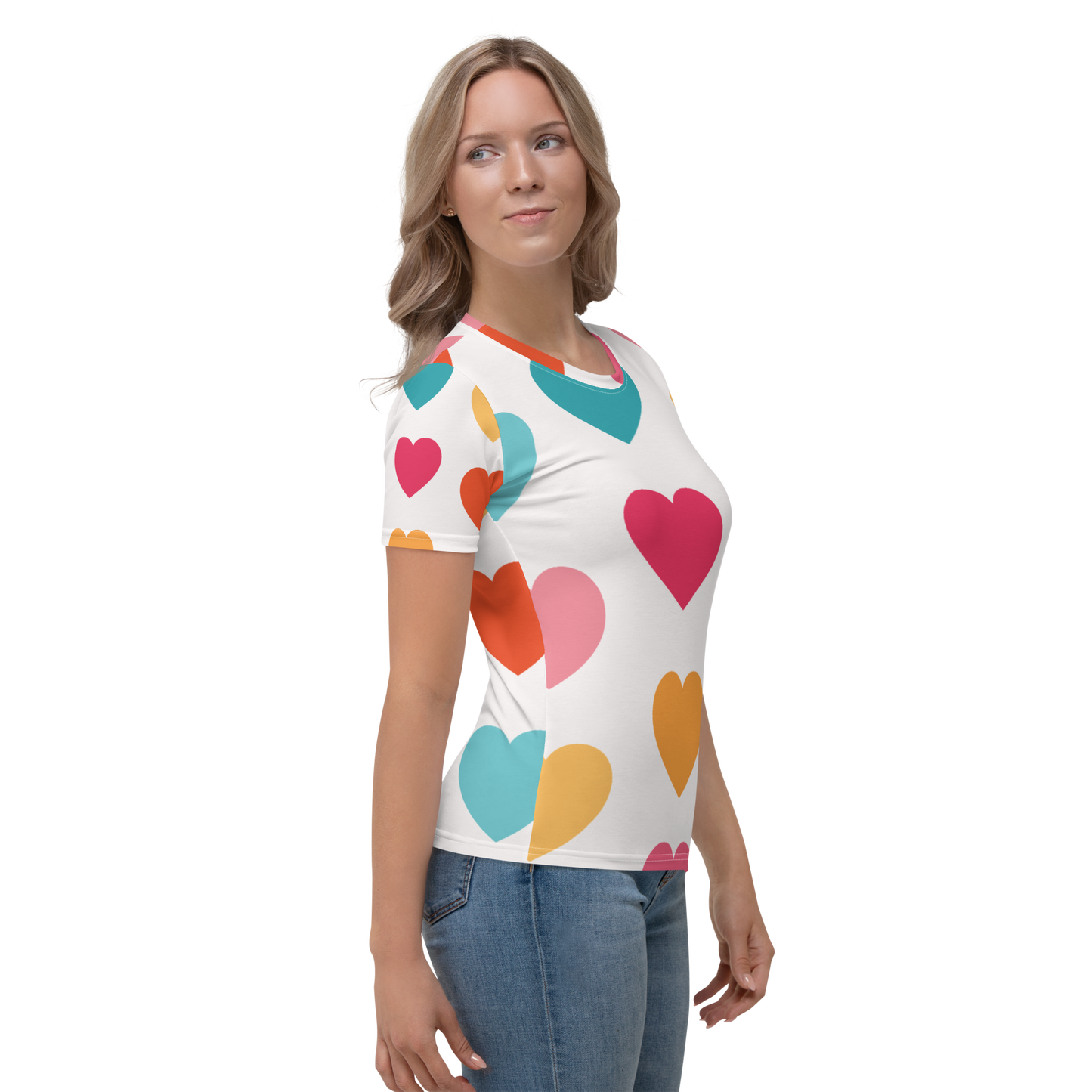 White crew neck T-shirt with large colorful heart patterns throughout.