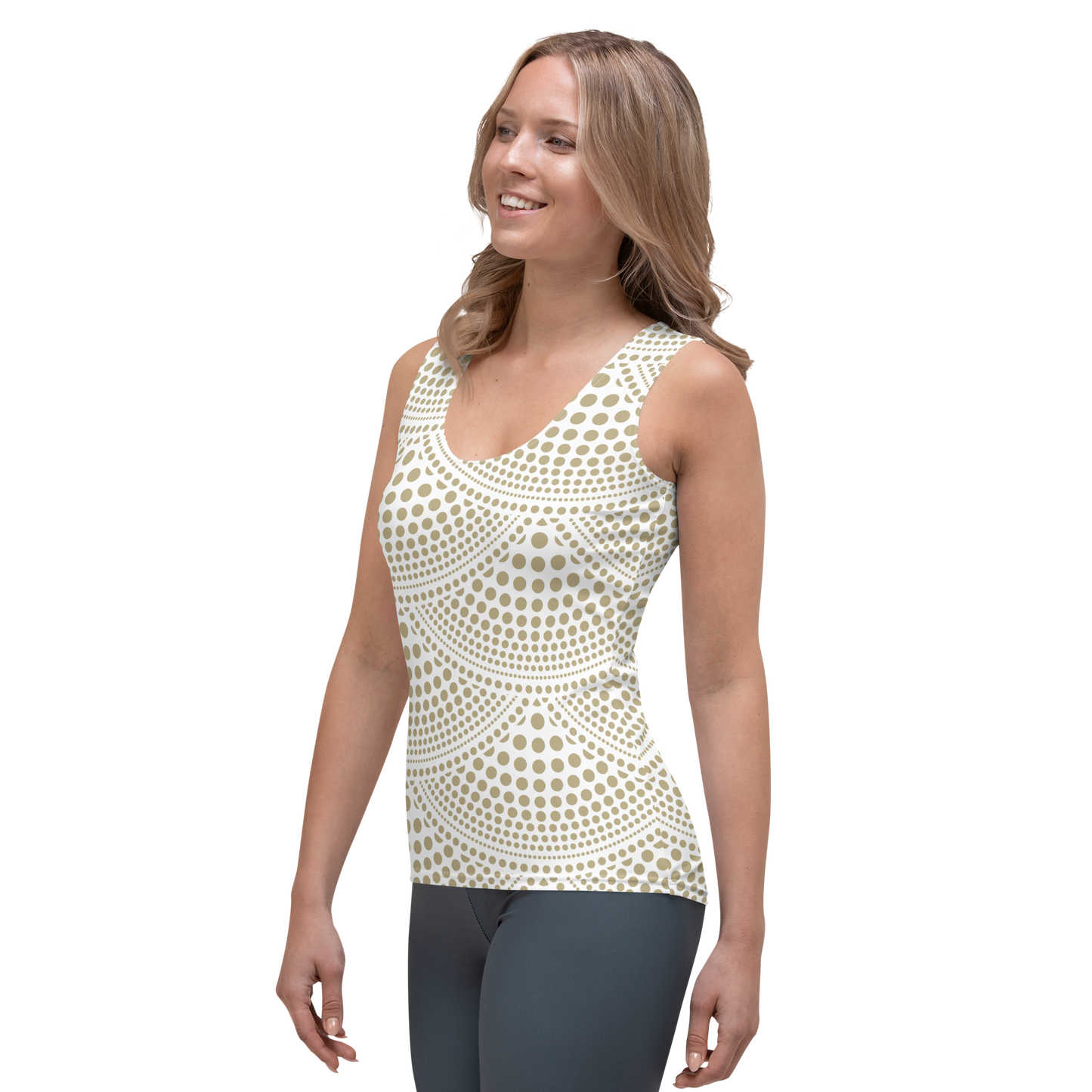Cream tank top with light beige dotted arc patterns throughout the fabric.