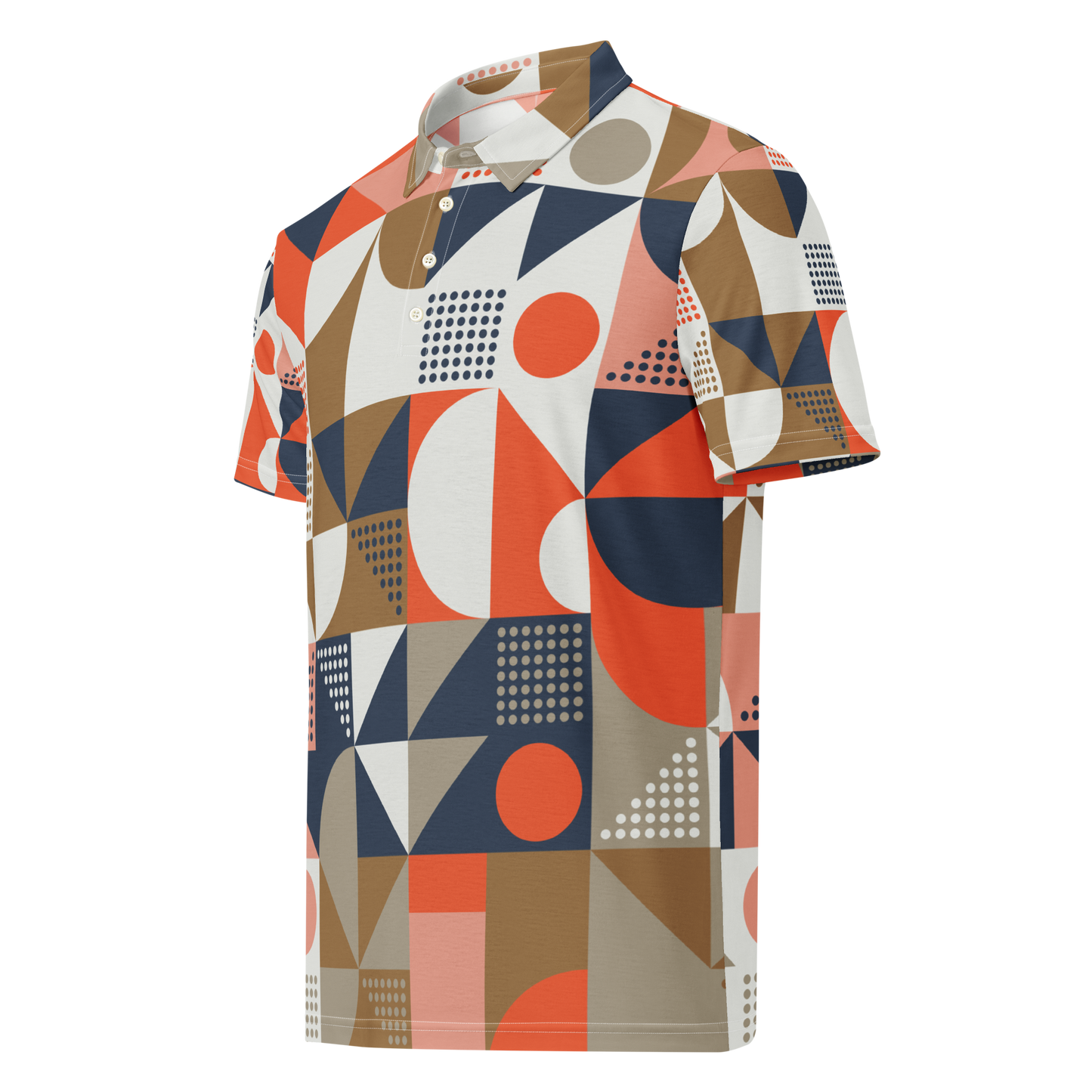 Men's slim-fit polo shirt with geometric tan, blue, and red pattern.