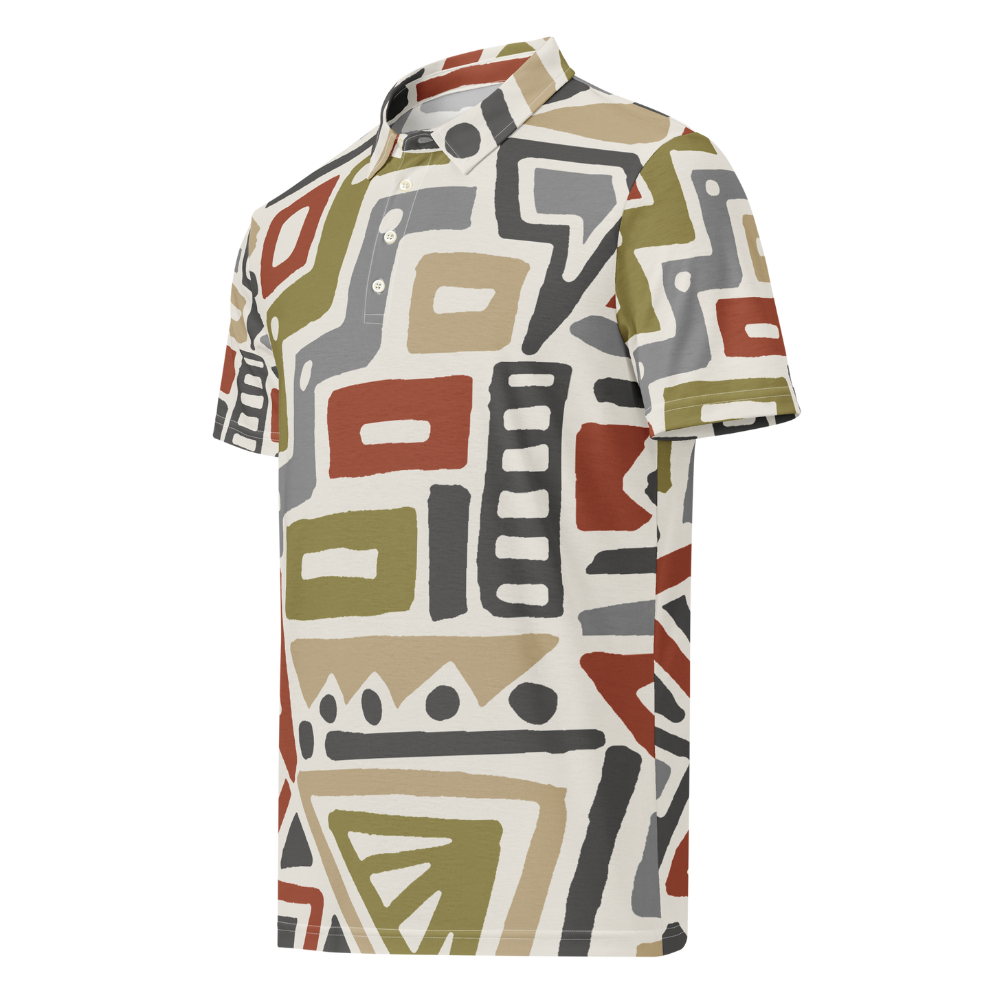 Slim-fit polo shirt with geometric earthy tones and abstract block patterns.