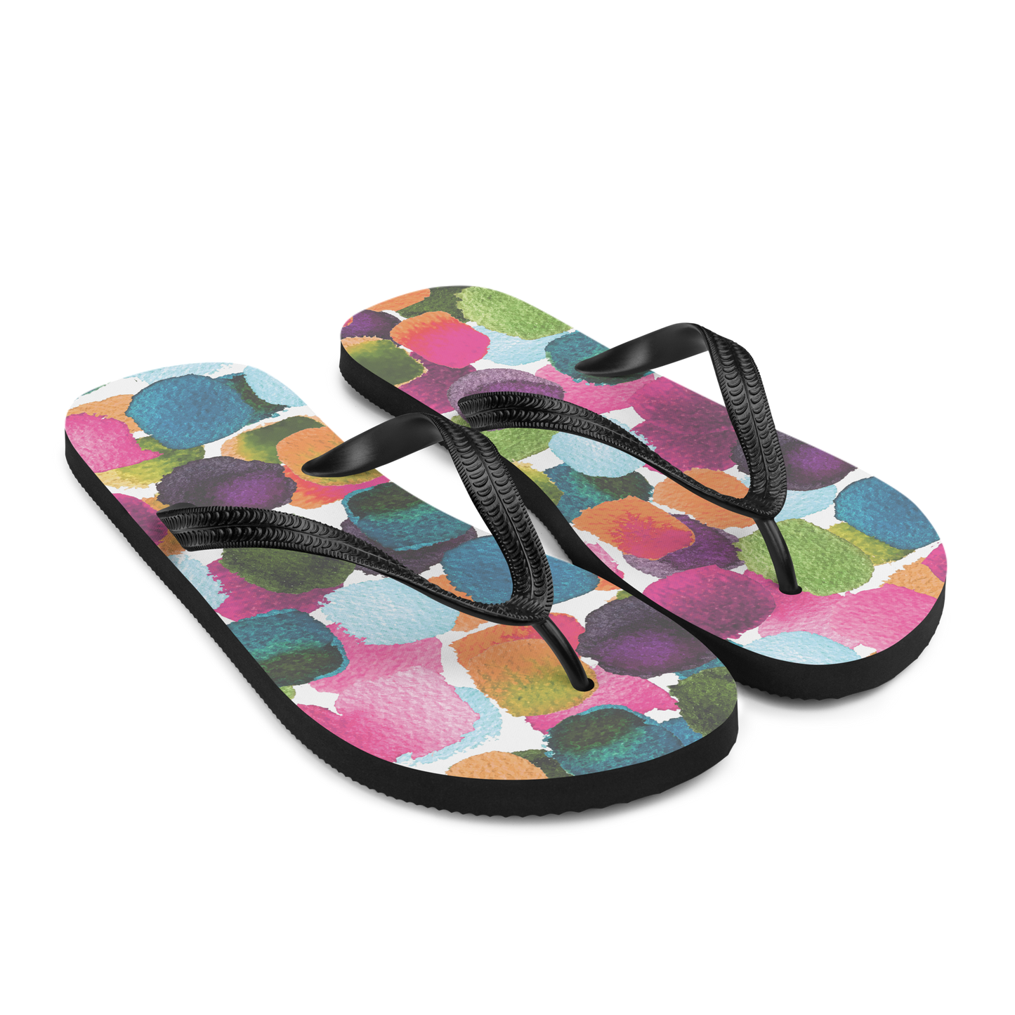 Colorful brushstroke dot pattern flip-flops with black straps and soles.