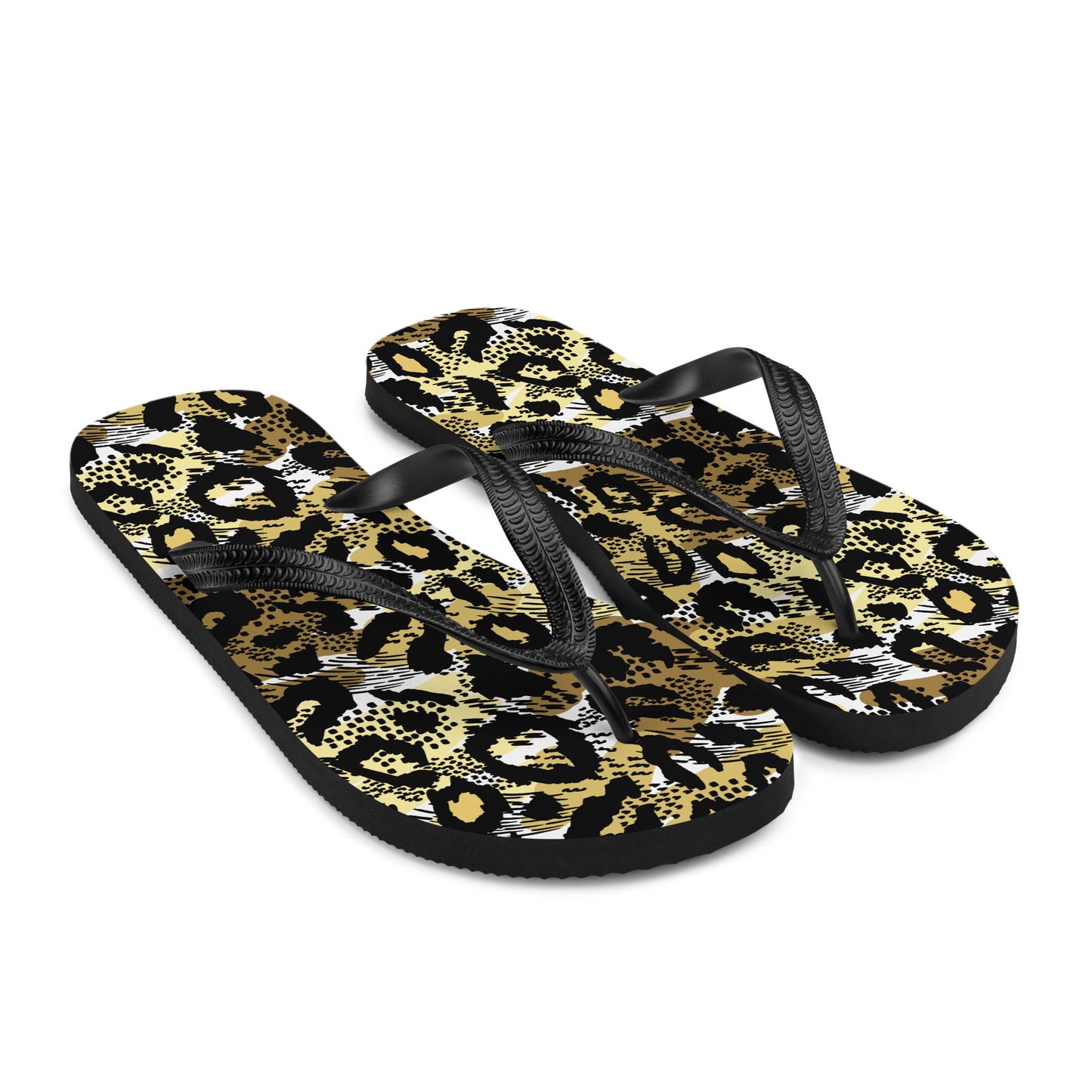 Women's flip-flops with black straps and brown leopard print pattern.