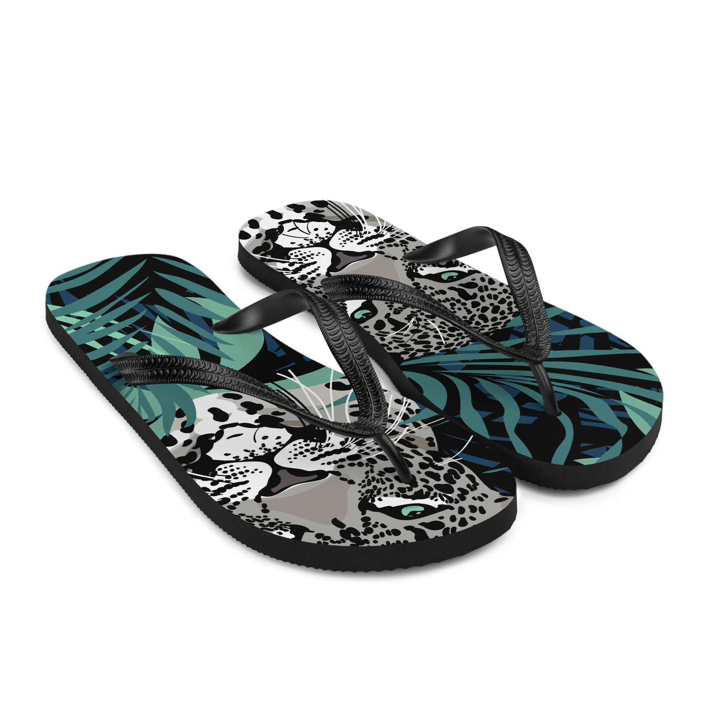 Flip-flops with leopard face and tropical leaf pattern in green tones.