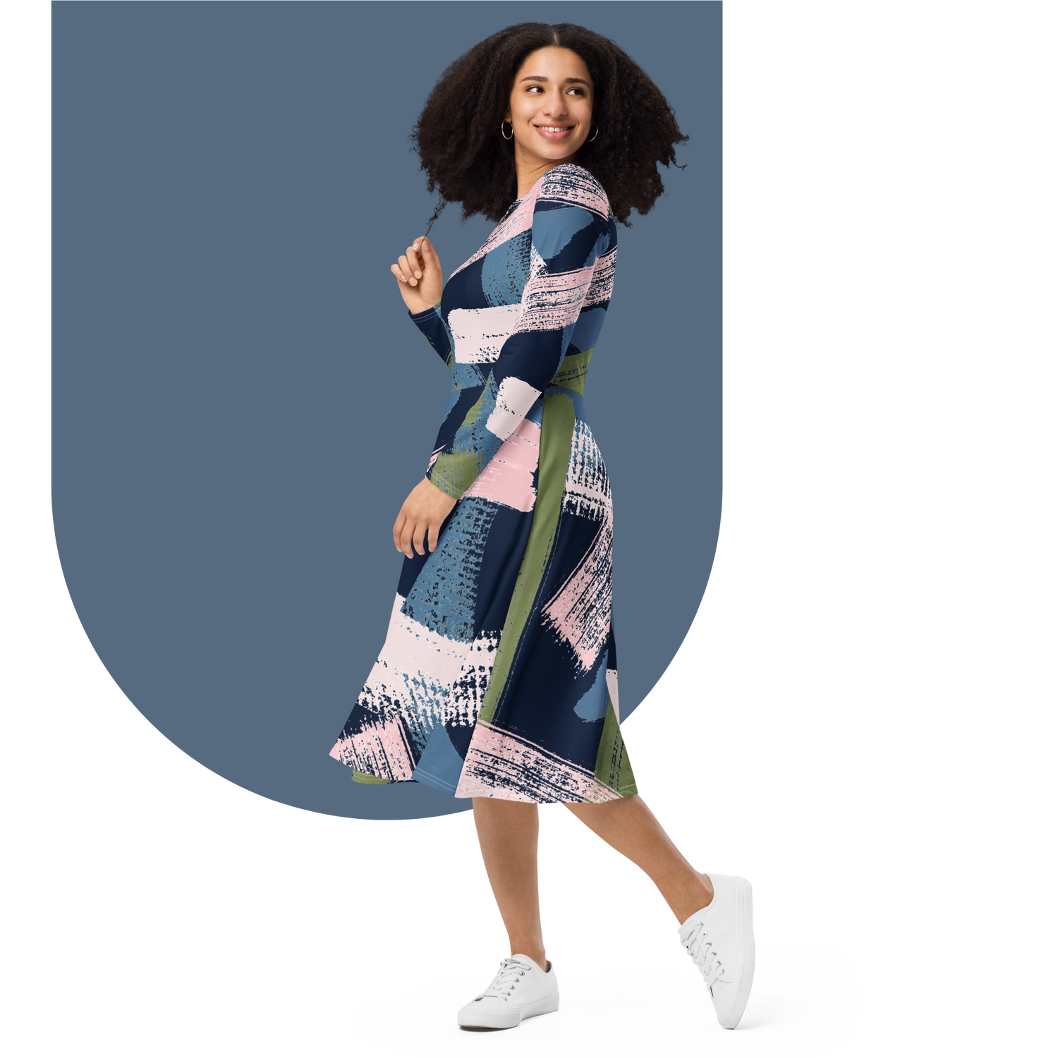 Side Pockets - Colorful Midi Dress - Long-sleeve Midi - Tag & Stitch Side Pockets - Colorful Midi Dress - Long-sleeve Midi - Tag & Stitch