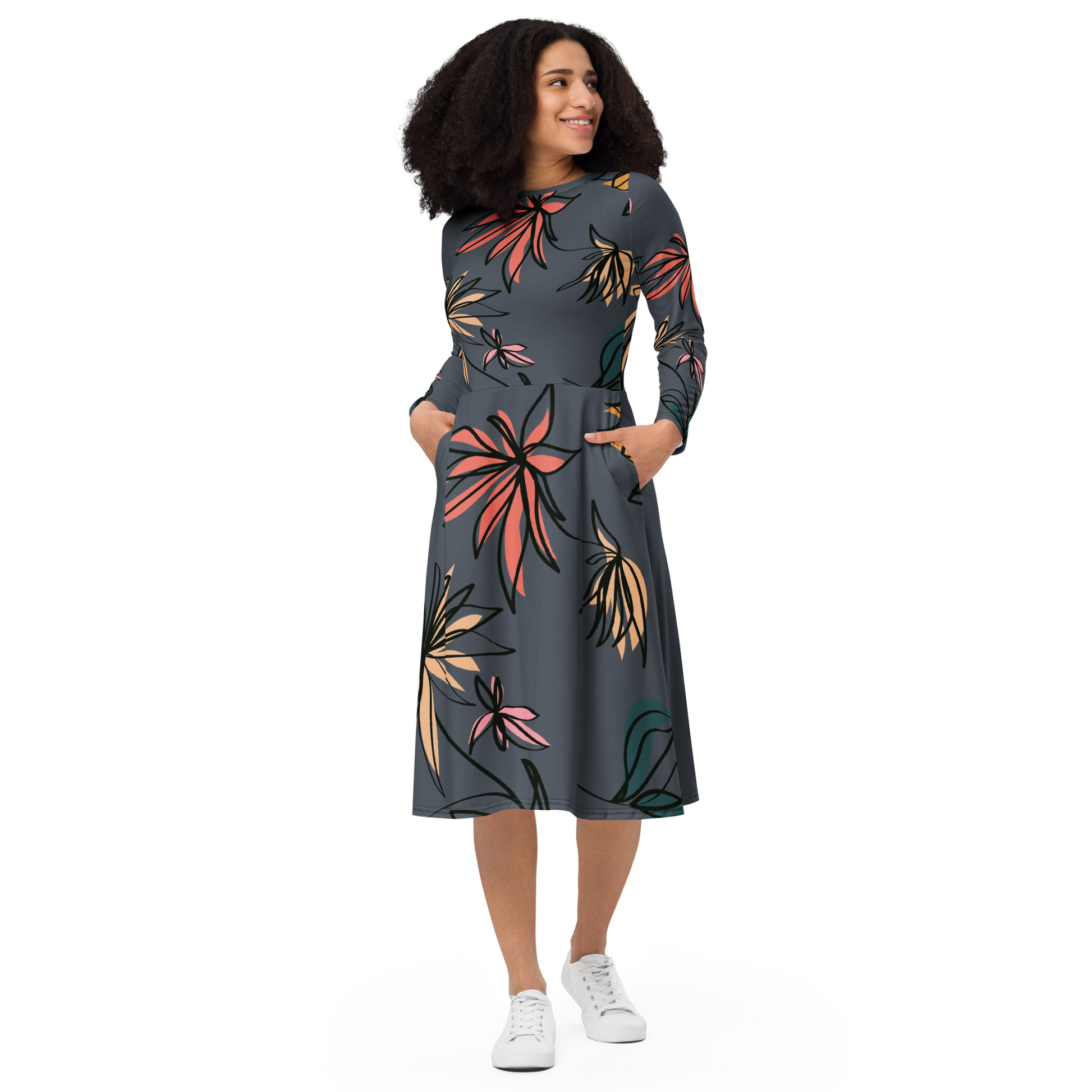 Dark Floral Midi Dress - Gray & Red Botanical - Size M | Tag & Stitch Dark Floral Midi Dress - Gray & Red Botanical - Size M | Tag & Stitch