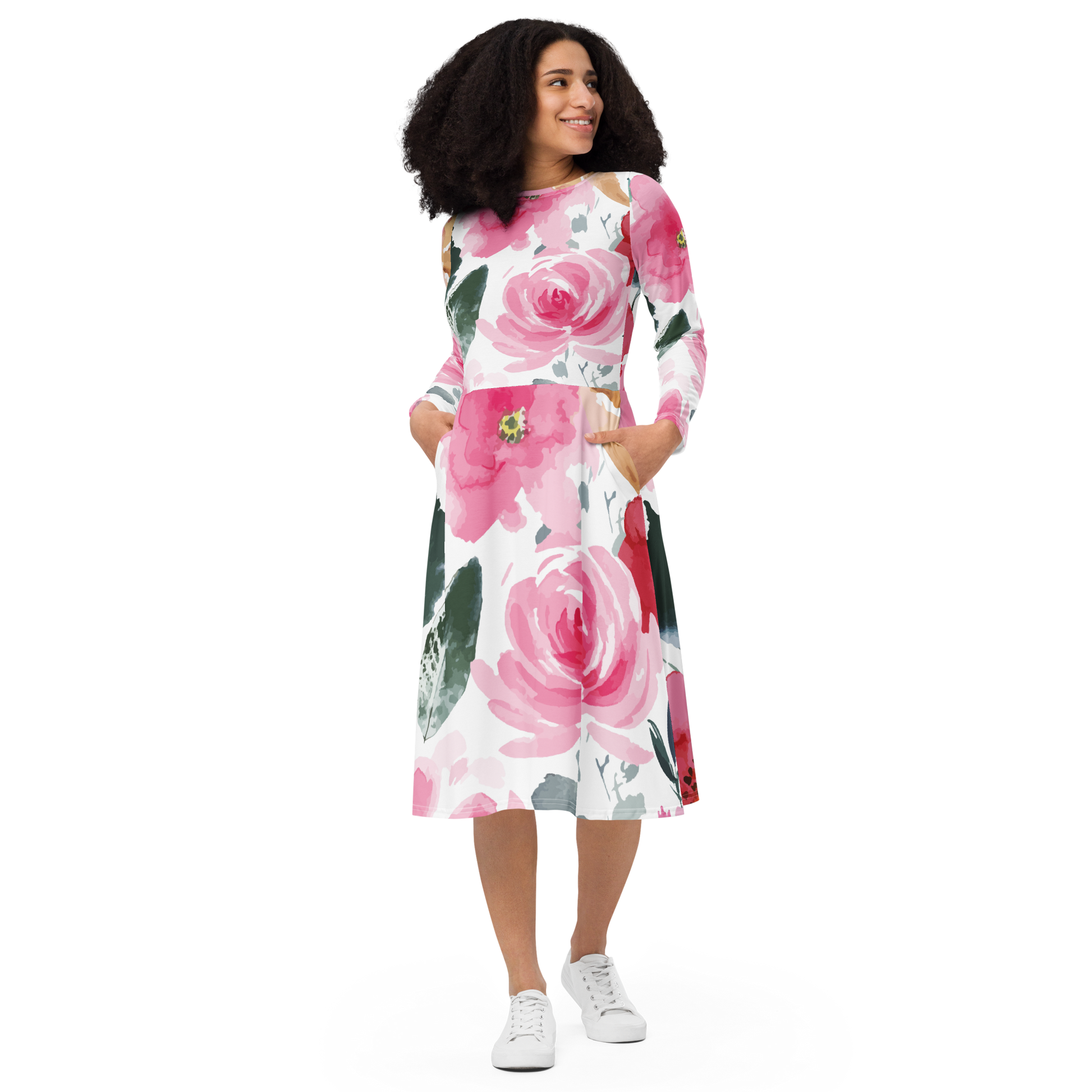 Pink Rose Midi Dress - Pocket Floral Jersey - Size L | Tag & Stitch Pink Rose Midi Dress - Pocket Floral Jersey - Size L | Tag & Stitch