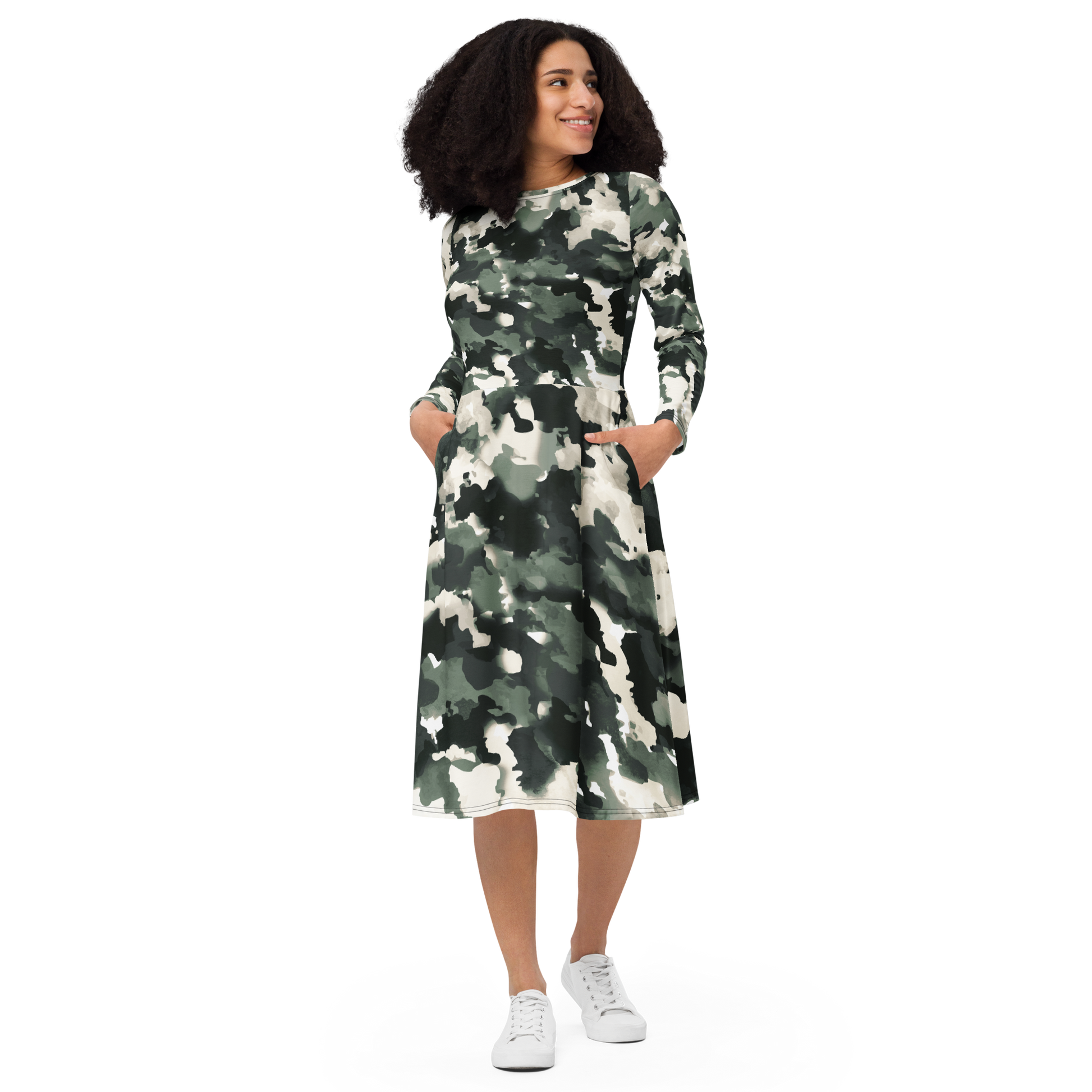 Camouflage Midi Sleeve Dress - Green Abstract Jersey - Size S | Tag & Stitch Camouflage Midi Sleeve Dress - Green Abstract Jersey - Size S | Tag & Stitch