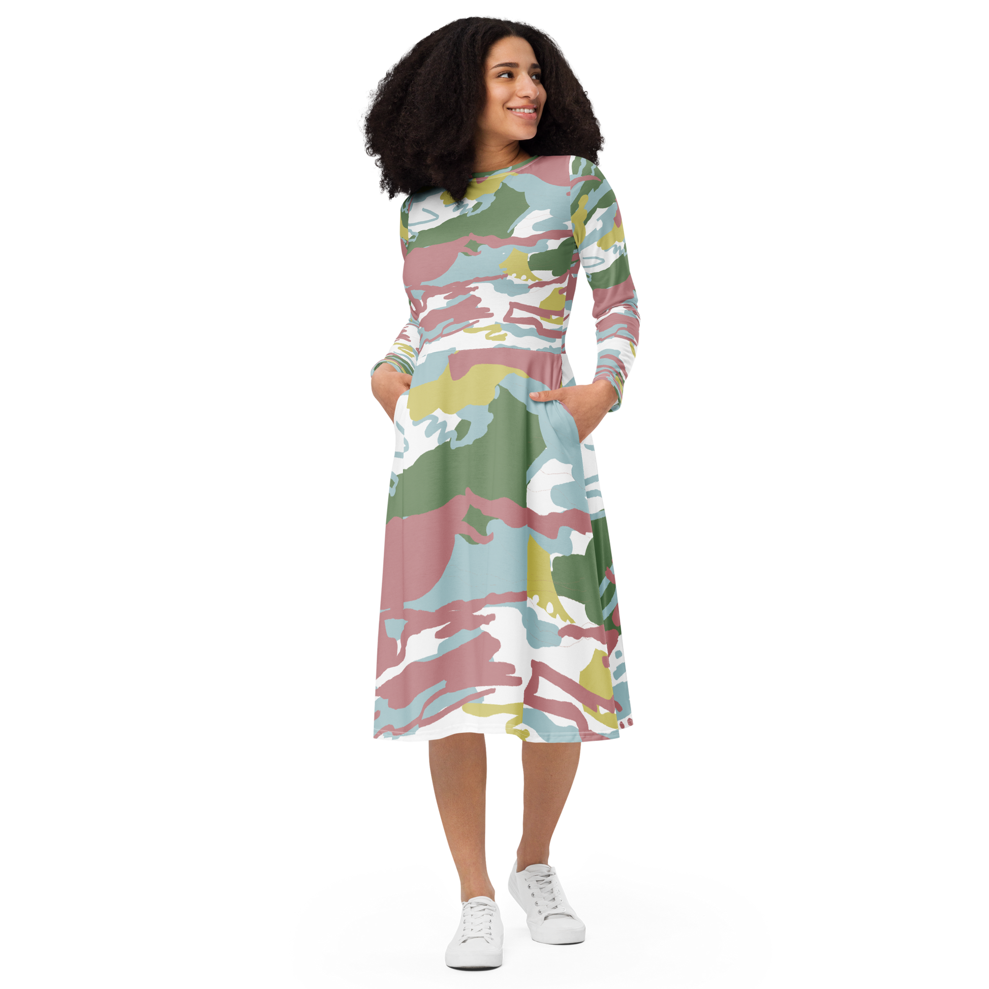 Green Pink Camo Dress - Abstract Midi Comfort - Size XL Green Pink Camo Dress - Abstract Midi Comfort - Size XL