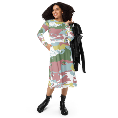 Green Pink Camo Dress - Abstract Midi Comfort - Tag & Stitch Green Pink Camo Dress - Abstract Midi Comfort - Tag & Stitch