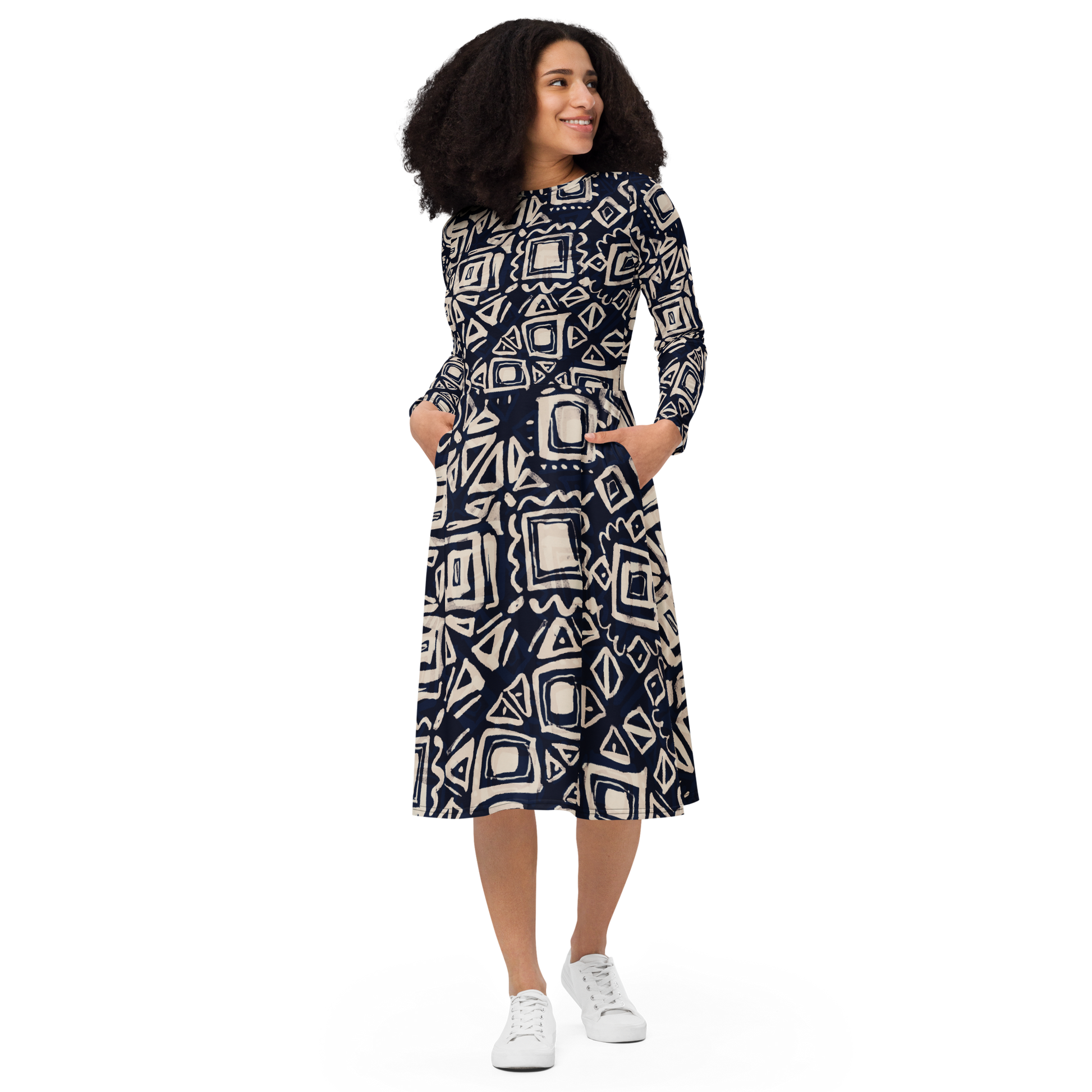 Navy Abstract Midi Dress Outfit - Soft Flared Classic - Size L | Tag & Stitch Navy Abstract Midi Dress Outfit - Soft Flared Classic - Size L | Tag & Stitch