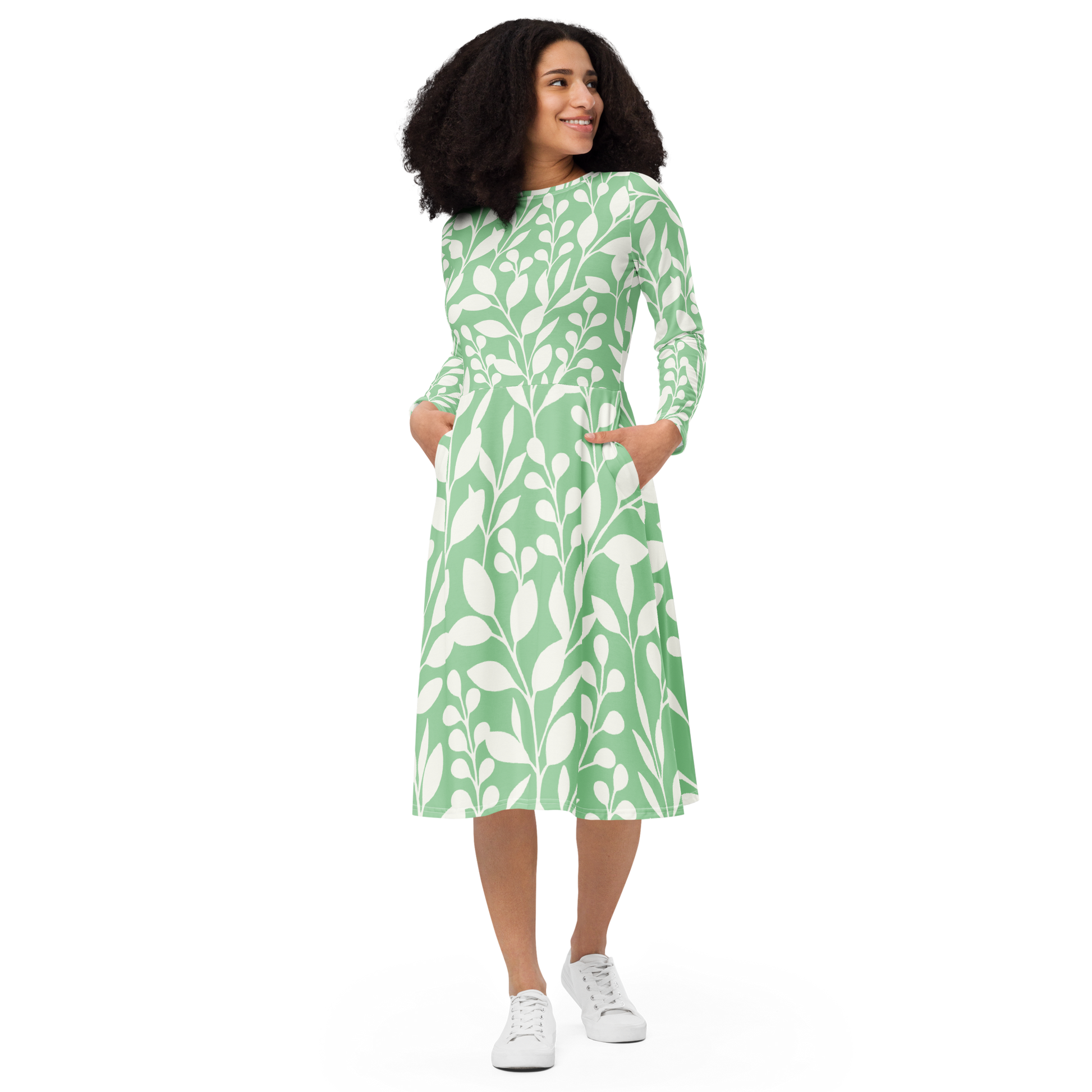 green and white midi dress with sleeves Harriet Green Floral Print Midi Dress | Women's Clothing
