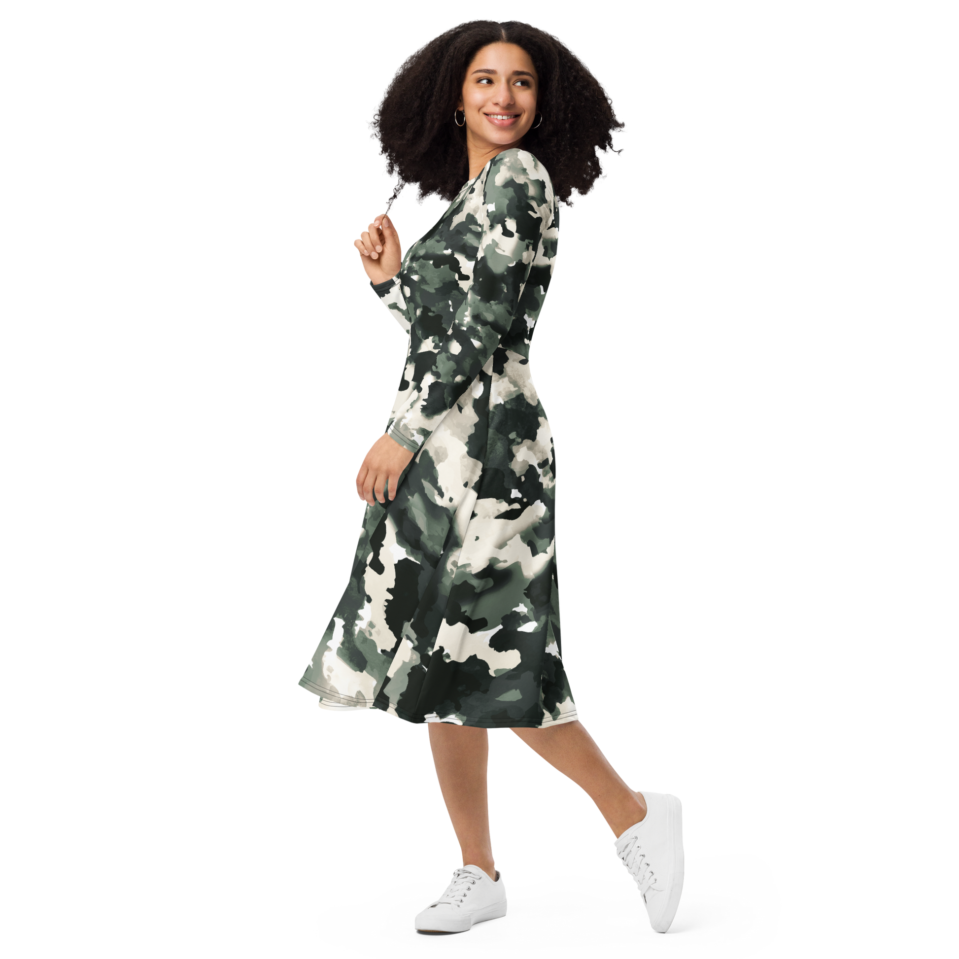 camouflage midi dress Acelitt Camouflage Print Casual T-Shirt Dress, Women's Short Sleeve Round Neck Side Slit Midi Dress, Suitable For Outdoor And Daily Wear Vacation Elegant