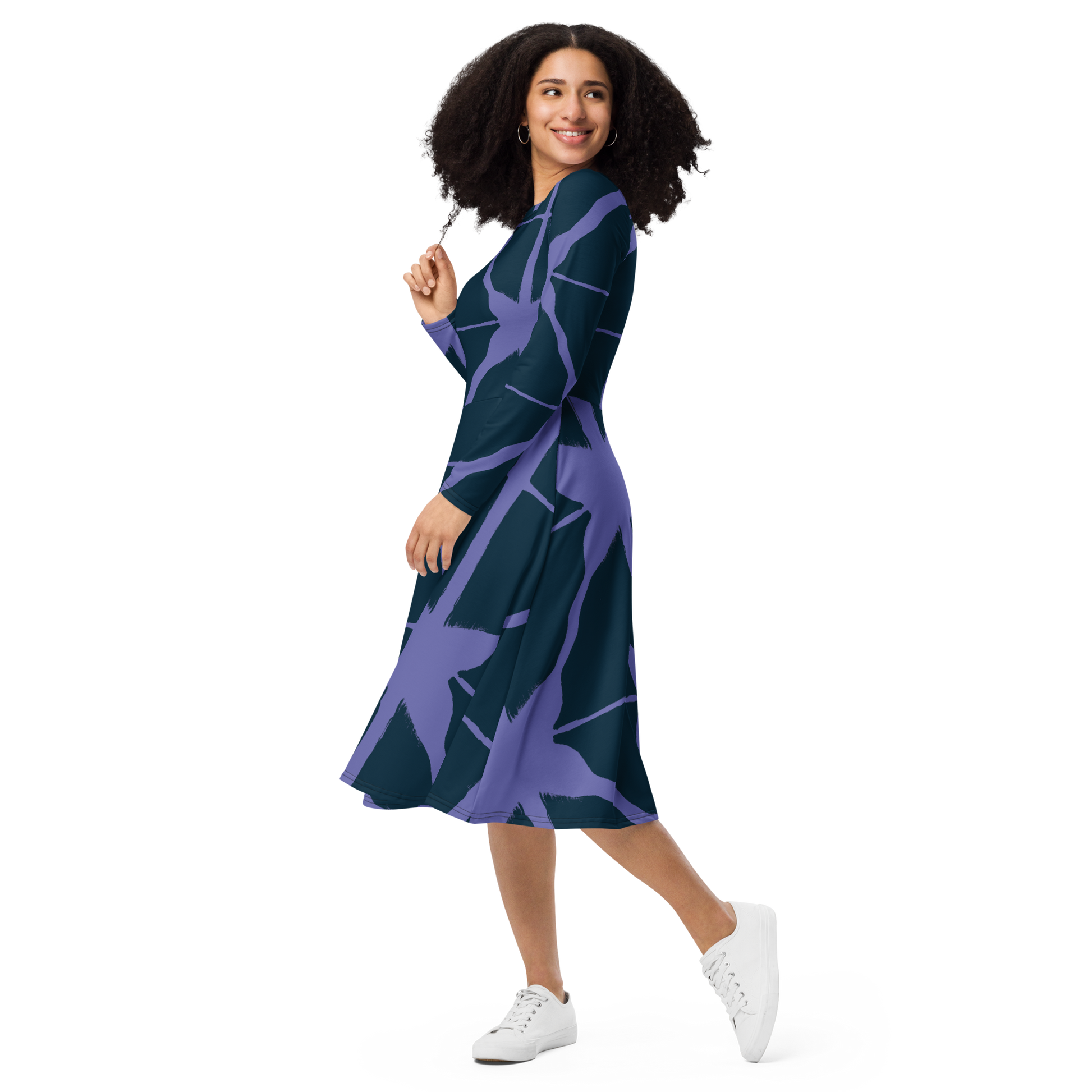 Navy Purple Midi Dress - Abstract Pattern & Pockets - Size S | Tag & Stitch Navy Purple Midi Dress - Abstract Pattern & Pockets - Size S | Tag & Stitch