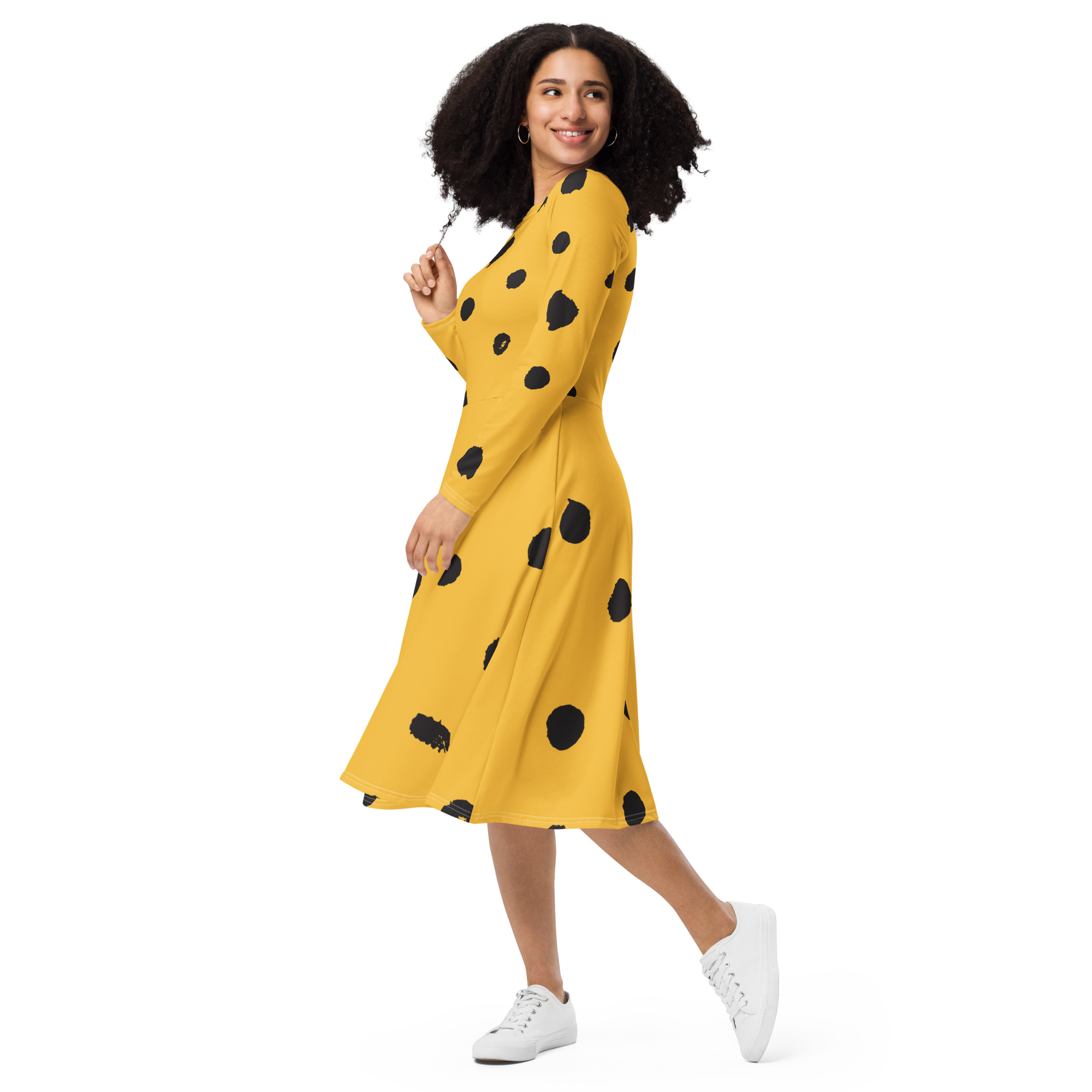 Yellow Polka Dot Dress - Fall Long-Sleeve Midi