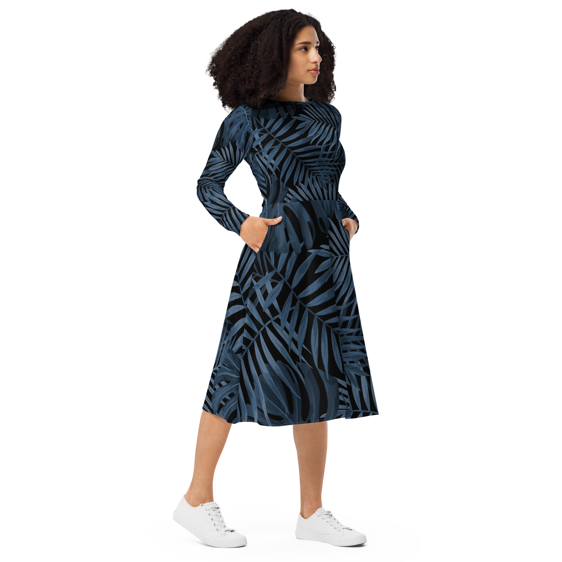 Navy Palm Midi Dress - Blue Abstract Pattern - Size XS | Tag & Stitch Navy Palm Midi Dress - Blue Abstract Pattern - Size XS | Tag & Stitch