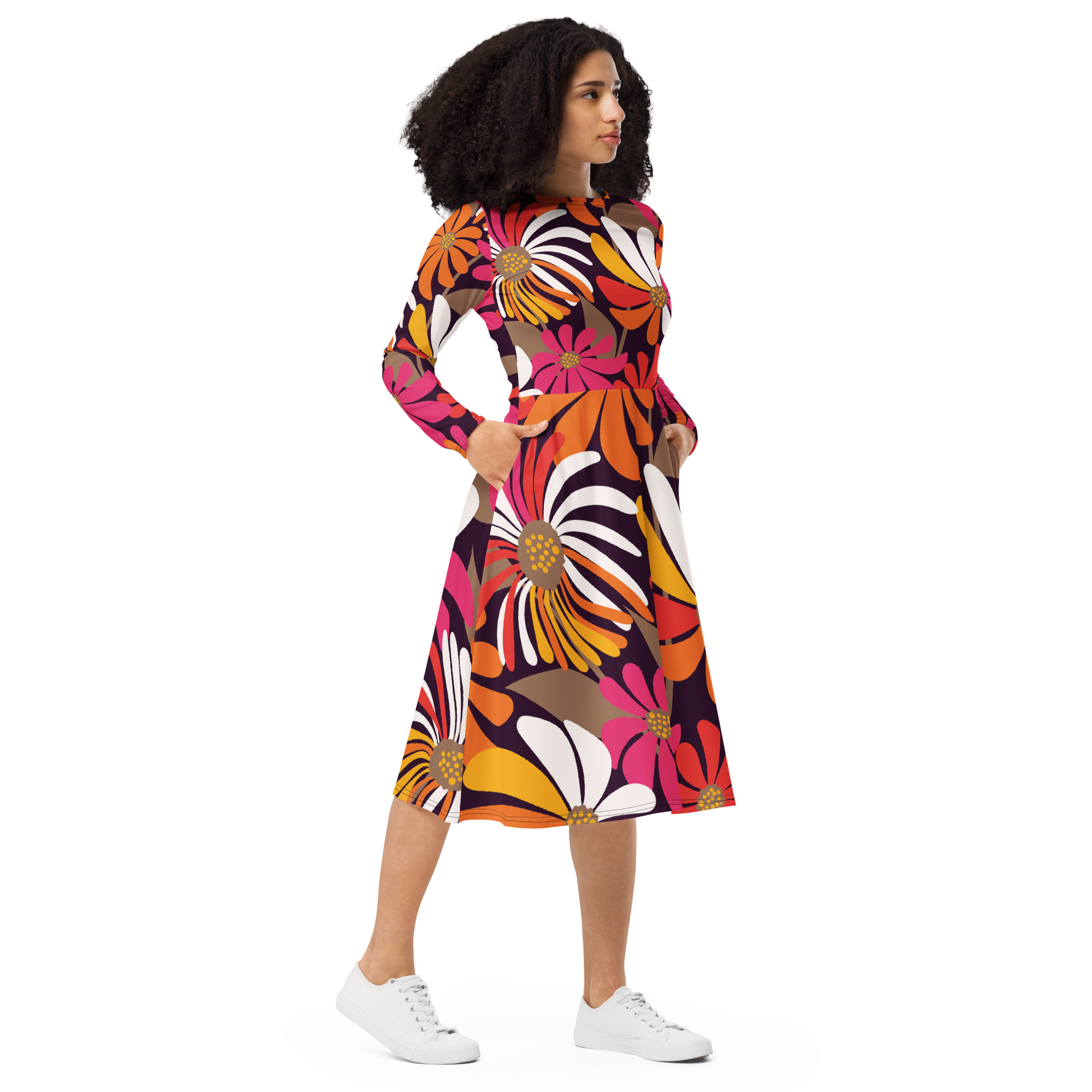 orange floral long sleeve midi dress Toperth Orange Floral Long Sleeve Midi Dress Toperth